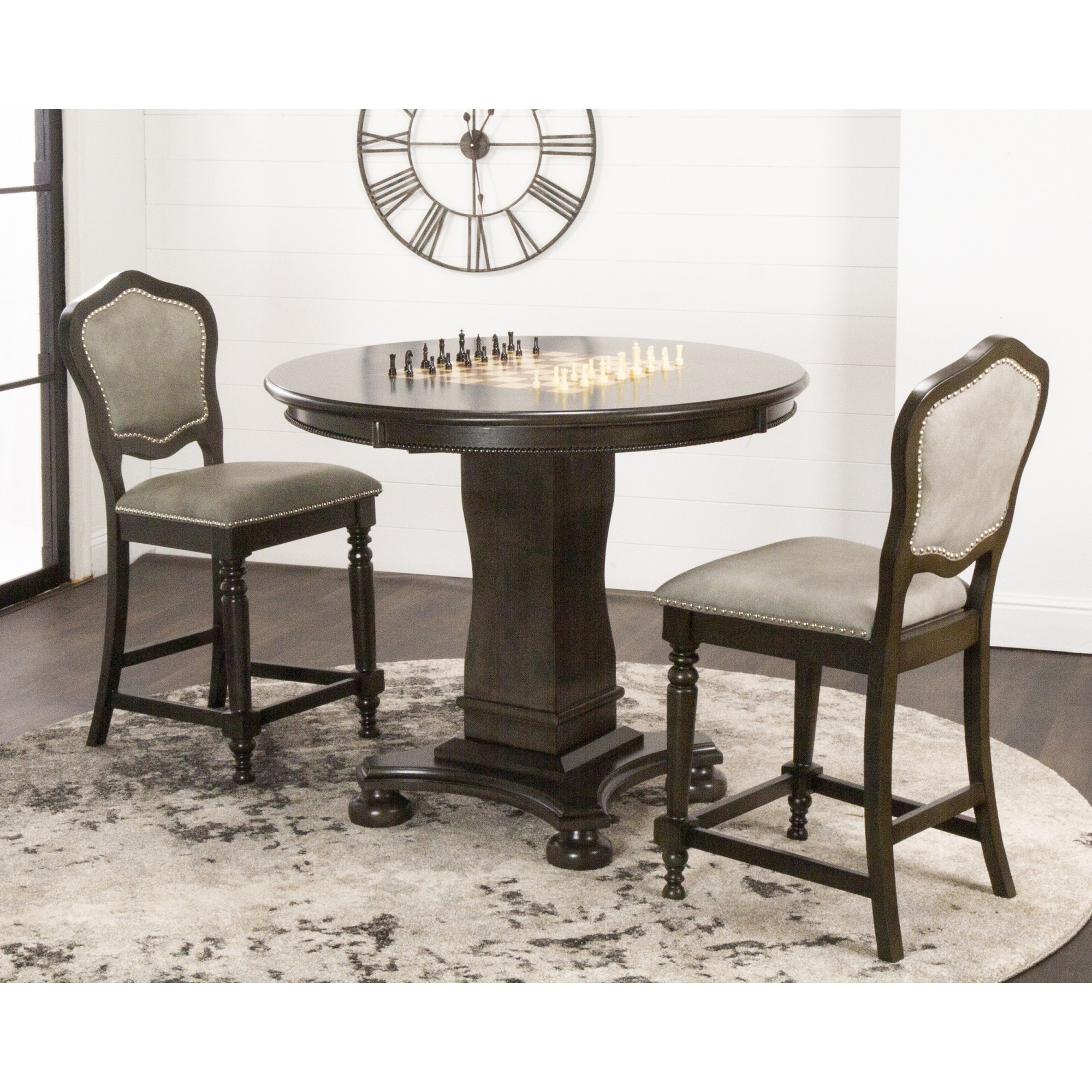 Sunset Trading Vegas 3 Piece 42.5" Round Counter Height Dining, Chess and Poker Table Set | Reversible 3 in 1 Game Top | Distressed Gray Wood | Upholstered Stools with Nailheads