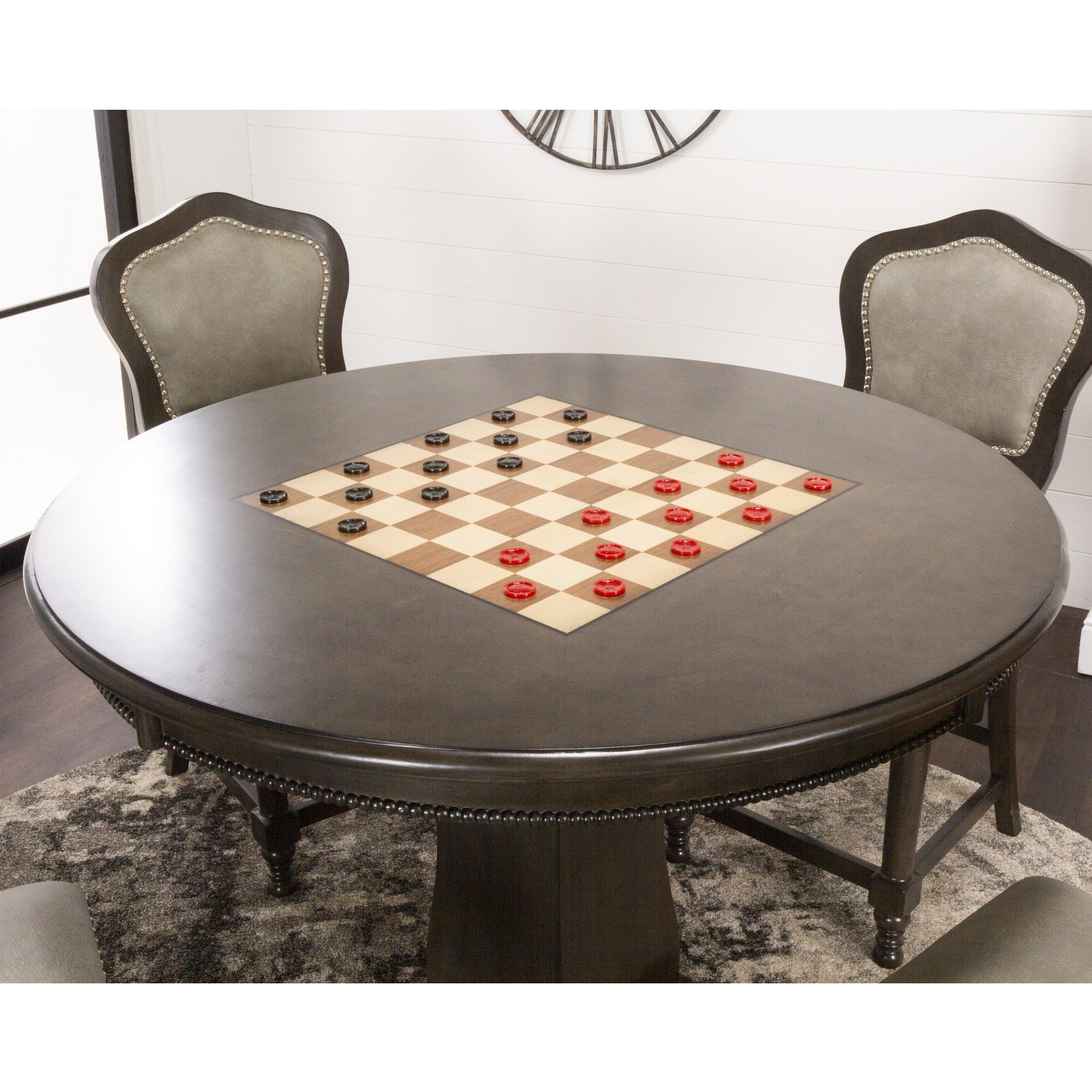 Sunset Trading Vegas 3 Piece 42.5" Round Counter Height Dining, Chess and Poker Table Set | Reversible 3 in 1 Game Top | Distressed Gray Wood | Upholstered Stools with Nailheads