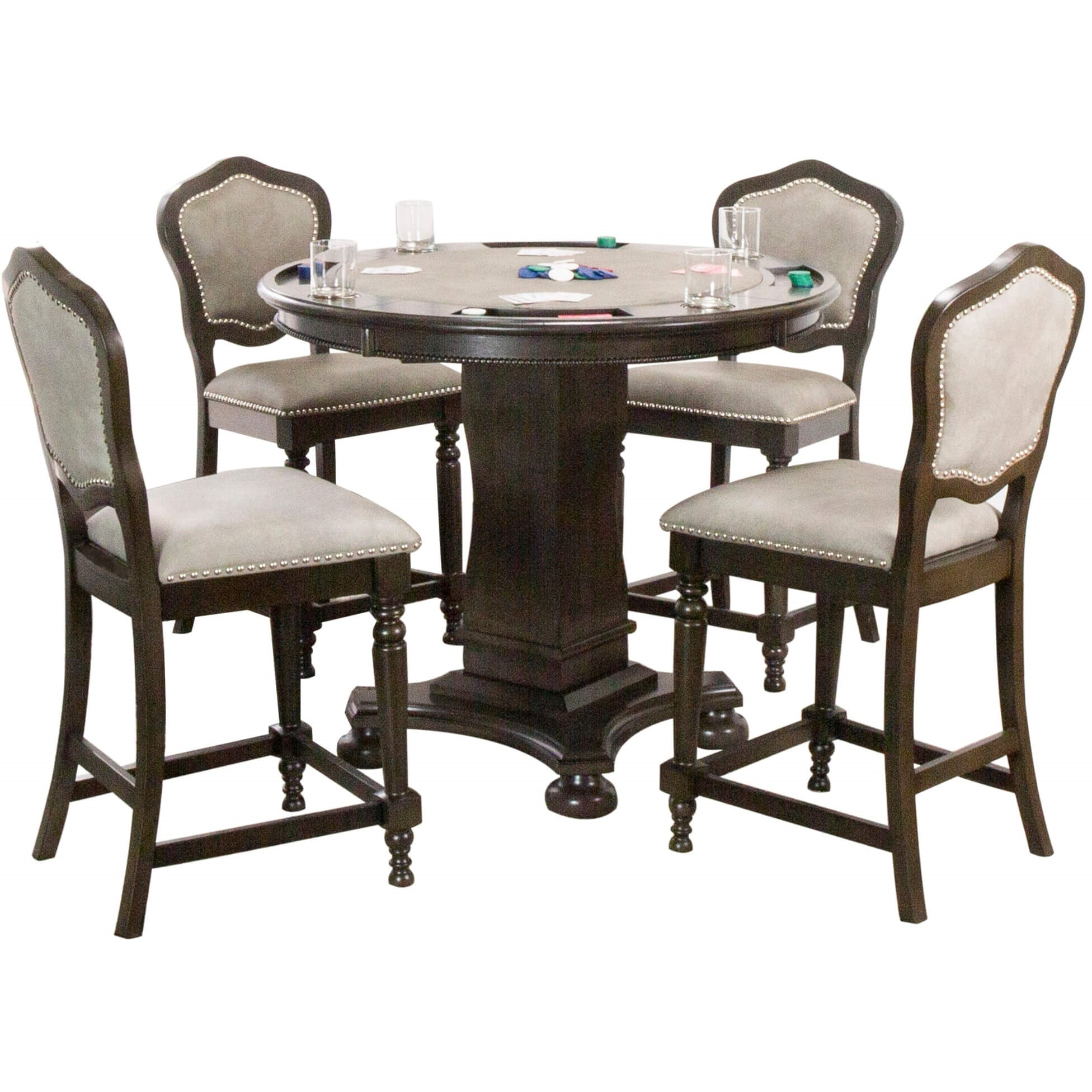Sunset Trading Vegas 5 Piece 42.5" Round Counter Height Dining, Chess and Poker Table Set | Reversible 3 in 1 Game Top | Distressed Gray Wood | Upholstered Stools with Nailheads