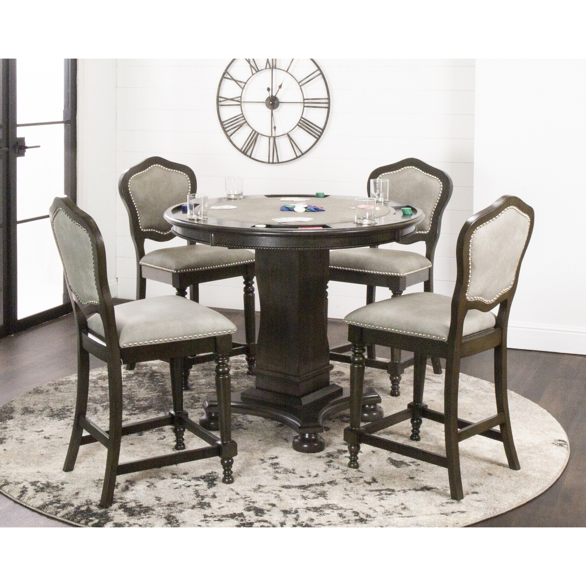 Sunset Trading Vegas 5 Piece 42.5" Round Counter Height Dining, Chess and Poker Table Set | Reversible 3 in 1 Game Top | Distressed Gray Wood | Upholstered Stools with Nailheads