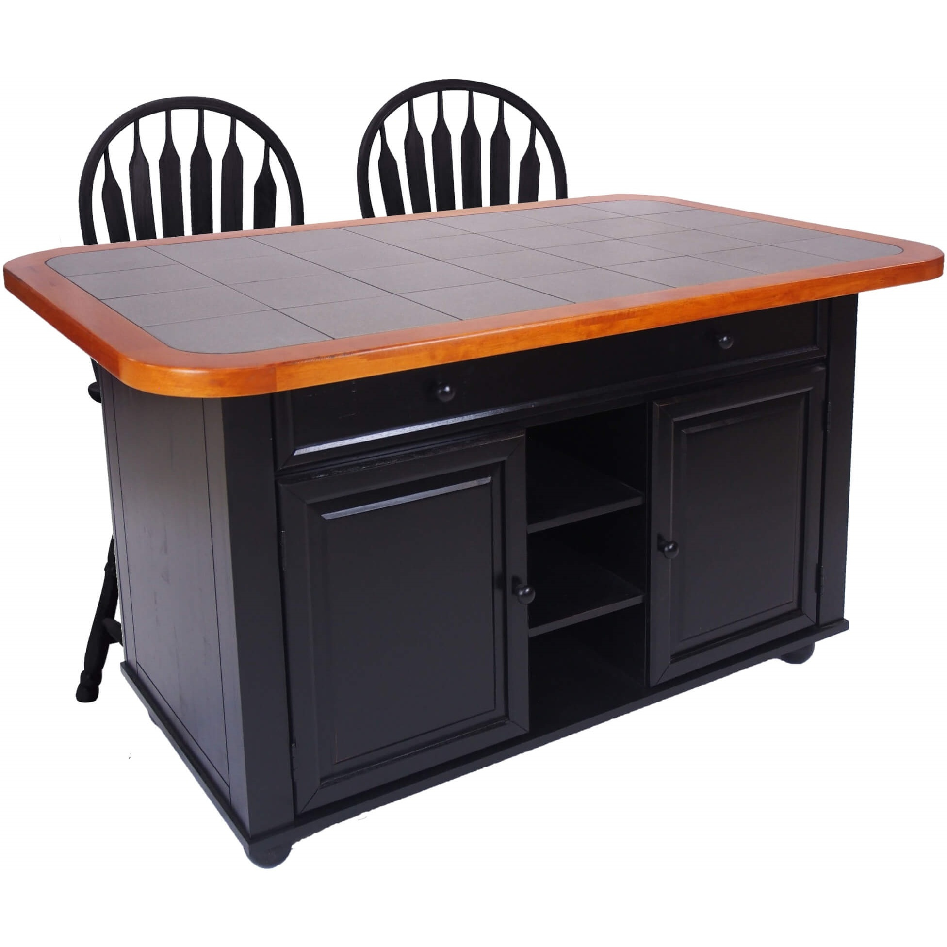 Sunset Trading 3 Piece Antique Black Kitchen Island Set | Gray Tile Top