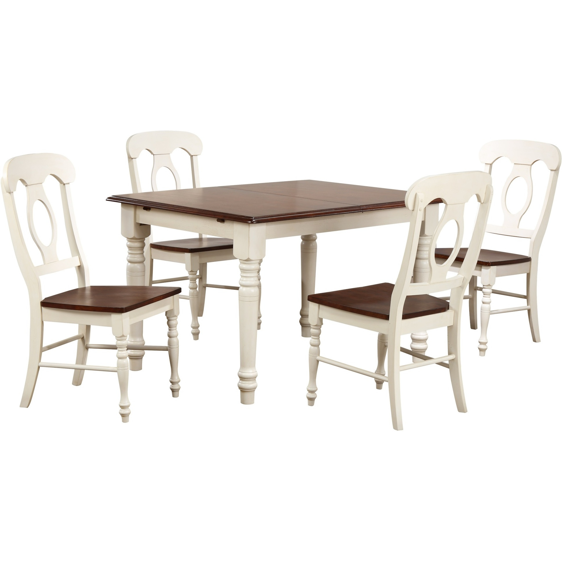 Sunset Trading Andrews 5 Piece 60" Rectangular Extendable Dining Set | Butterfly Leaf Table | 4 Napoleon Chairs | Antique White and Chestnut Brown | Seats 6