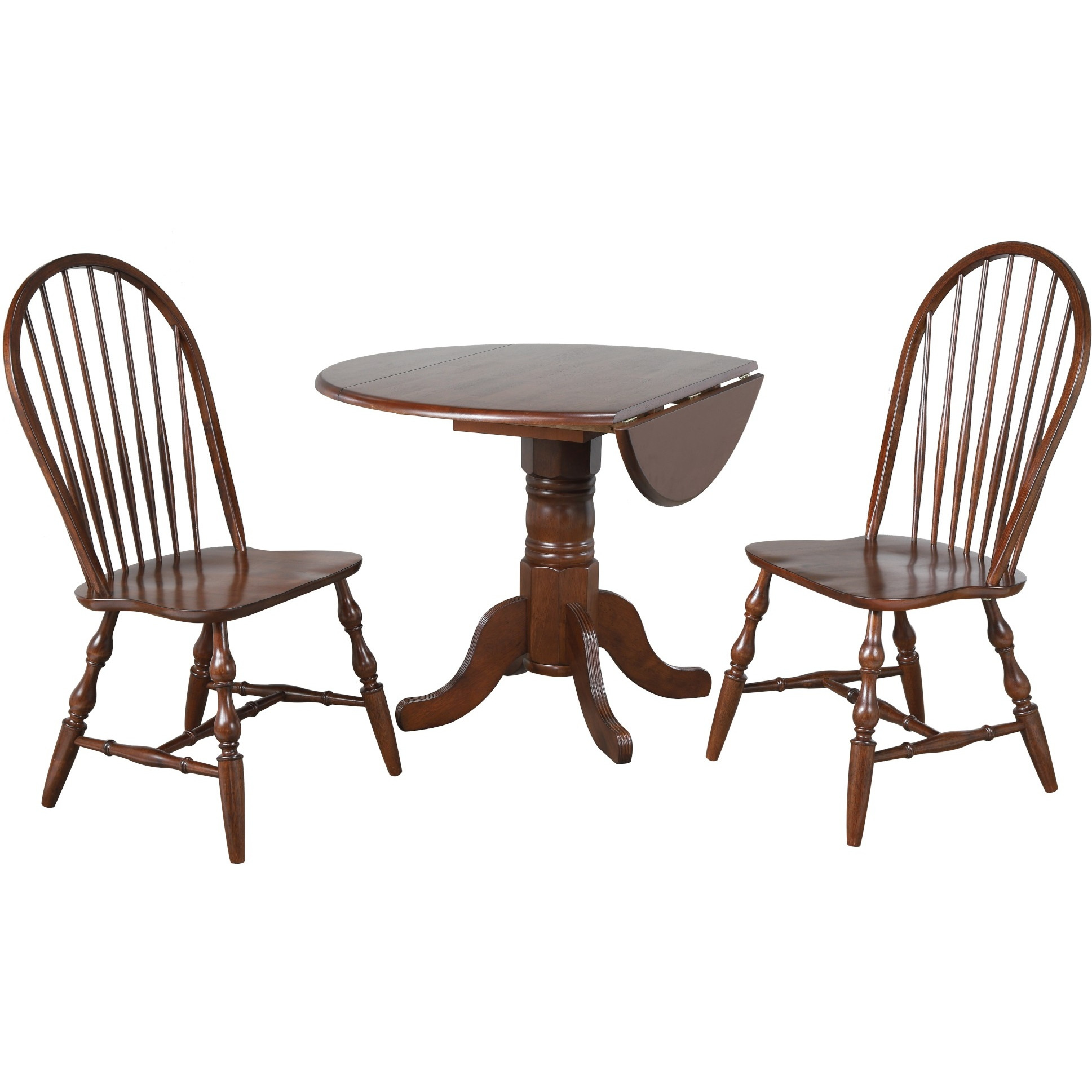 Sunset Trading Andrews 3 Piece 42" Round Drop Leaf Dining Set | Antique White and Chestnut Brown | Spindleback Chairs | Seats 6
