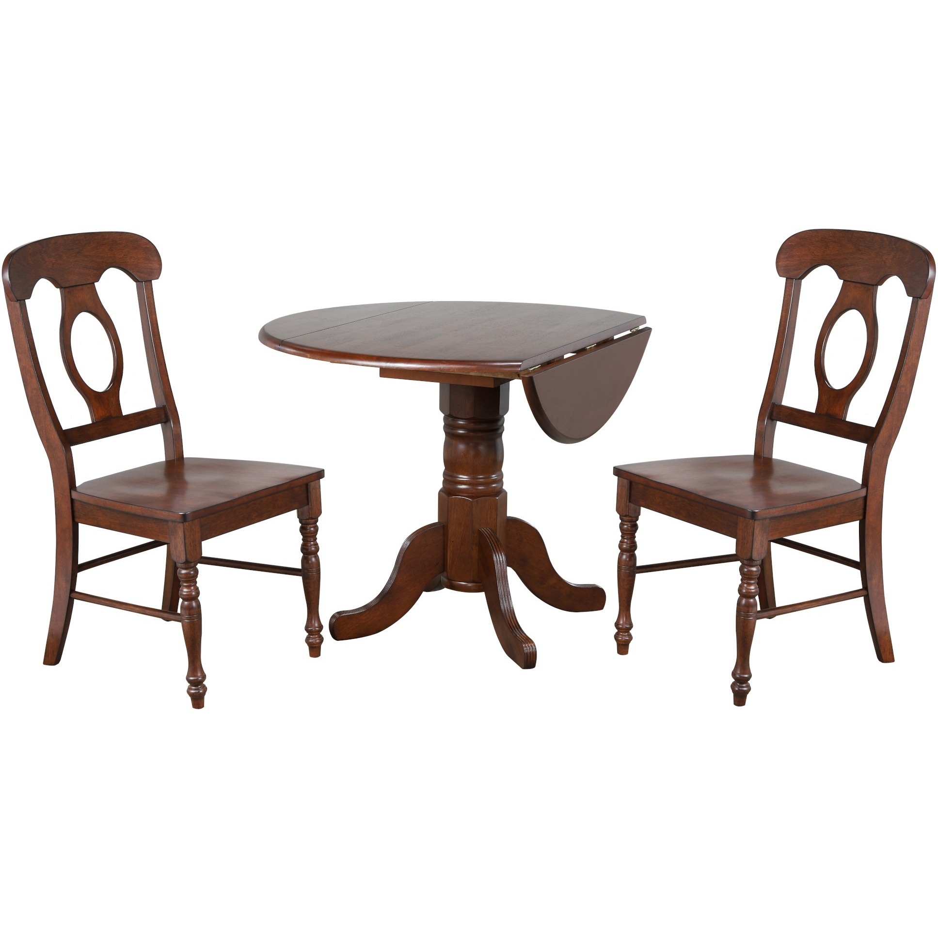 Sunset Trading Andrews 3 Piece 42" Round Drop Leaf Dining Set | Chestnut Brown | Napoleon Chairs | Seats 6