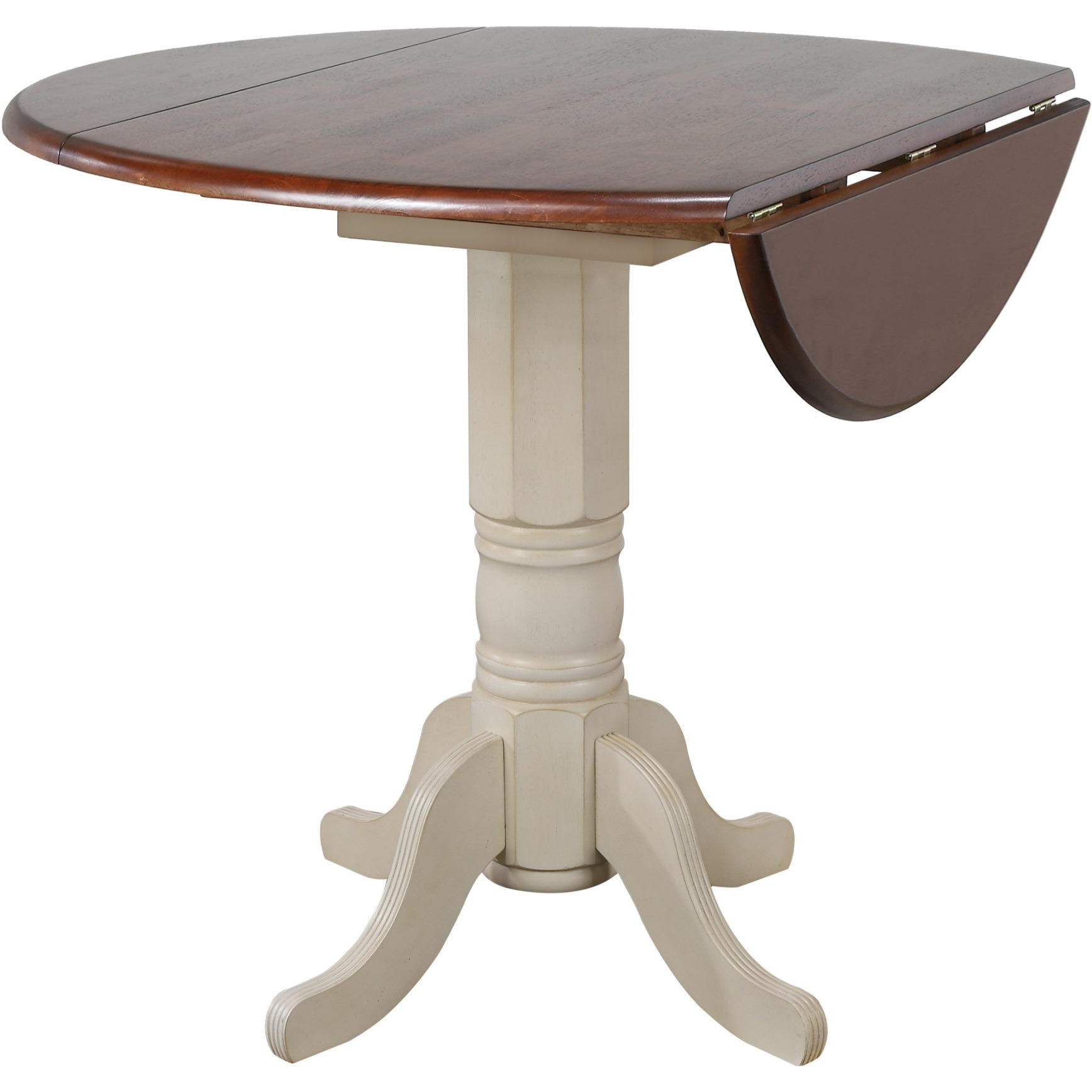 Sunset Trading Andrews 42" Round Drop Leaf Pub Table | Antique White with Chestnut Brown Top| Seats 6