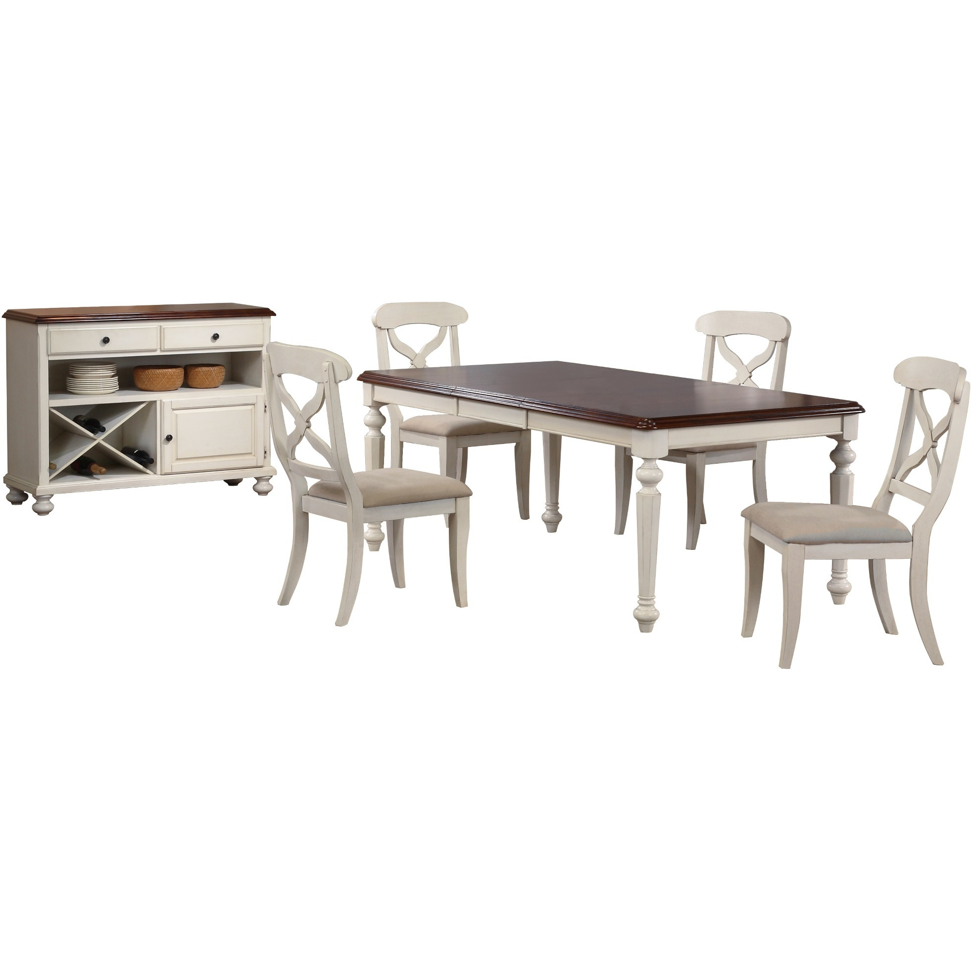 Sunset Trading Andrews 6 Piece 76" Rectangular Butterfly Extendable Dining Set | Antique White Chestnut Brown | Server | Seats 8