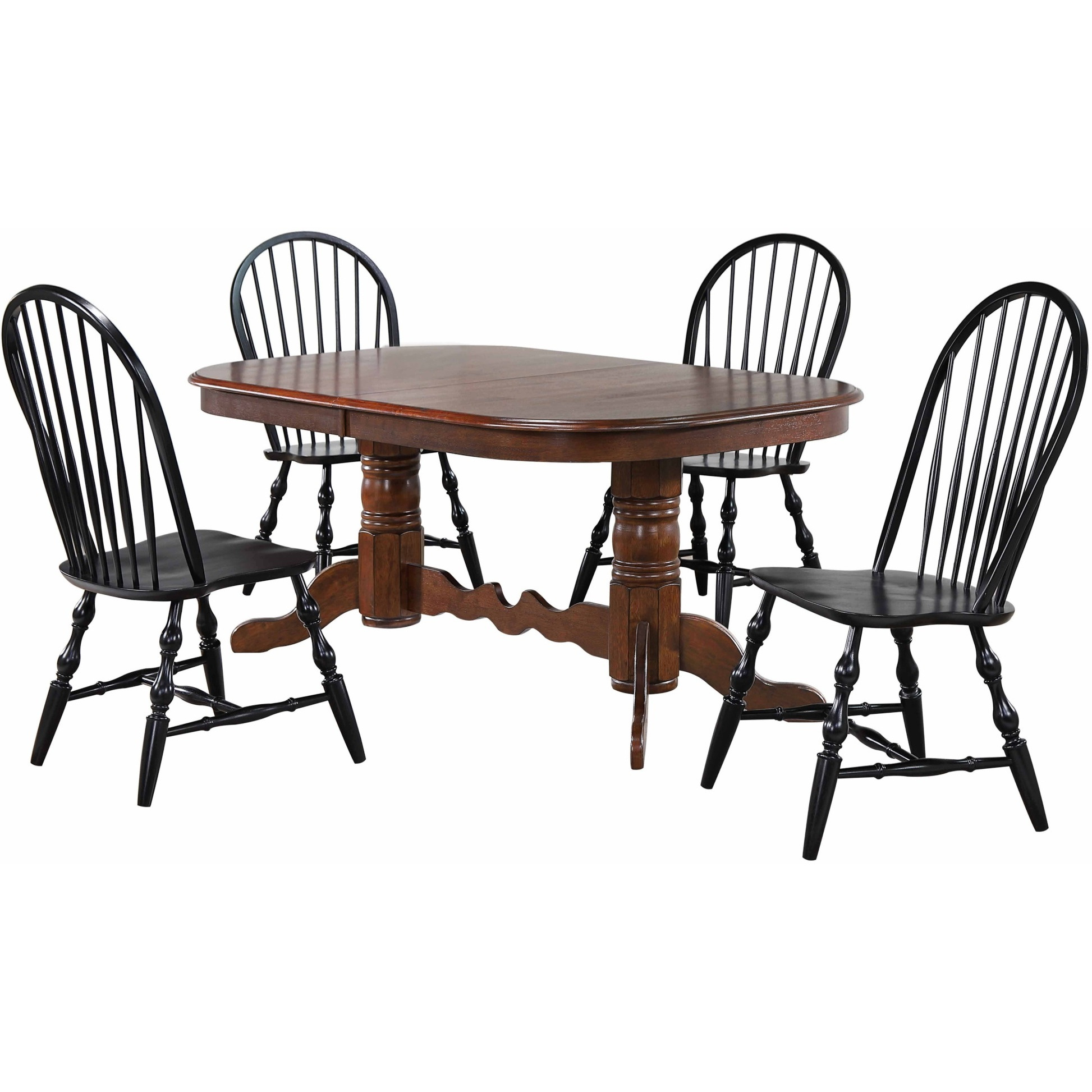 Sunset Trading Andrews 5 Piece 96" Oval Double Pedestal Butterfly Extendable Dining Set | Chestnut Brown Table | Antique Black Windsor Chairs | Seats 10