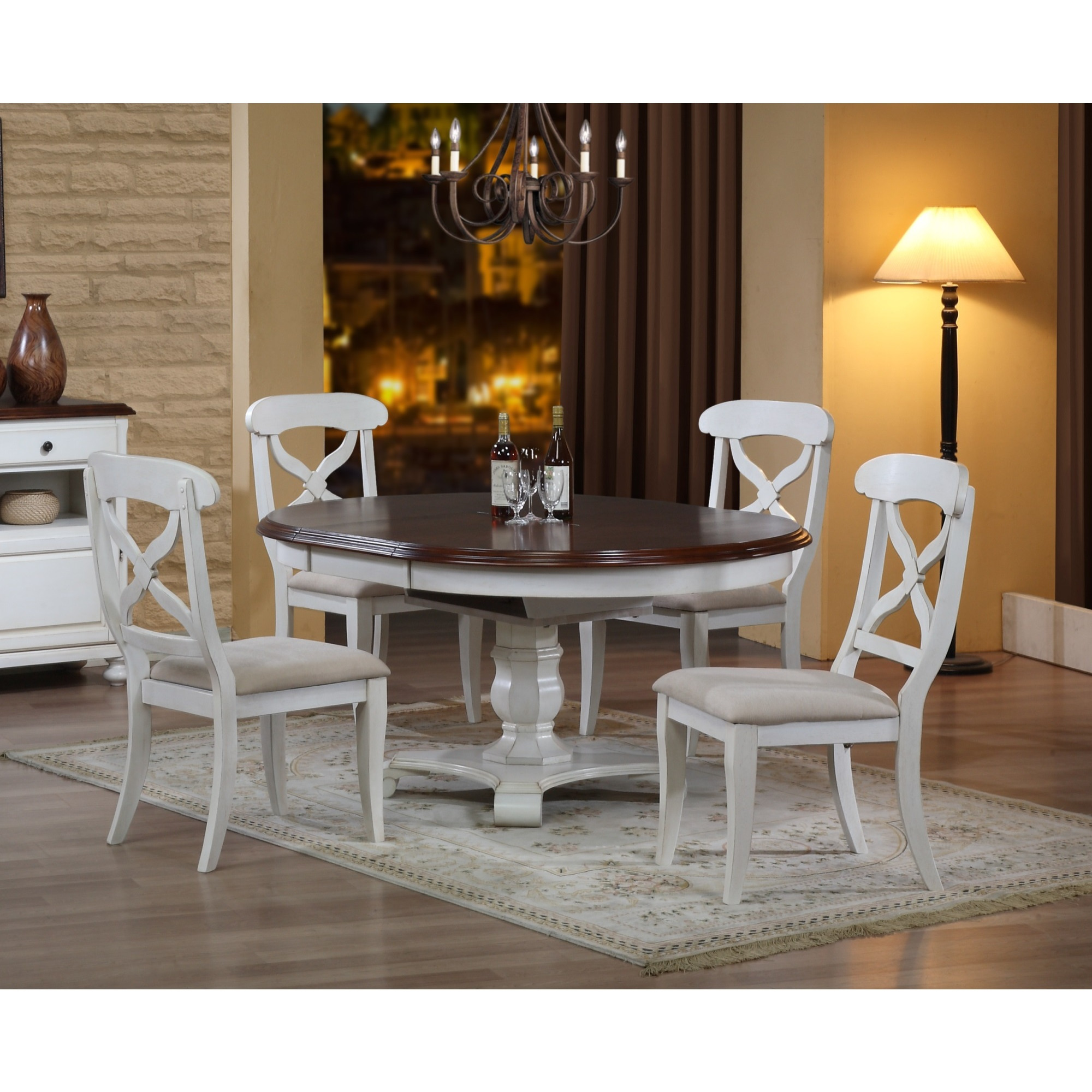 Sunset Trading Andrews 48" Round or 66" Oval Butterfly Leaf Extendable Dining Table | Antique White and Chestnut Brown | Seats 6