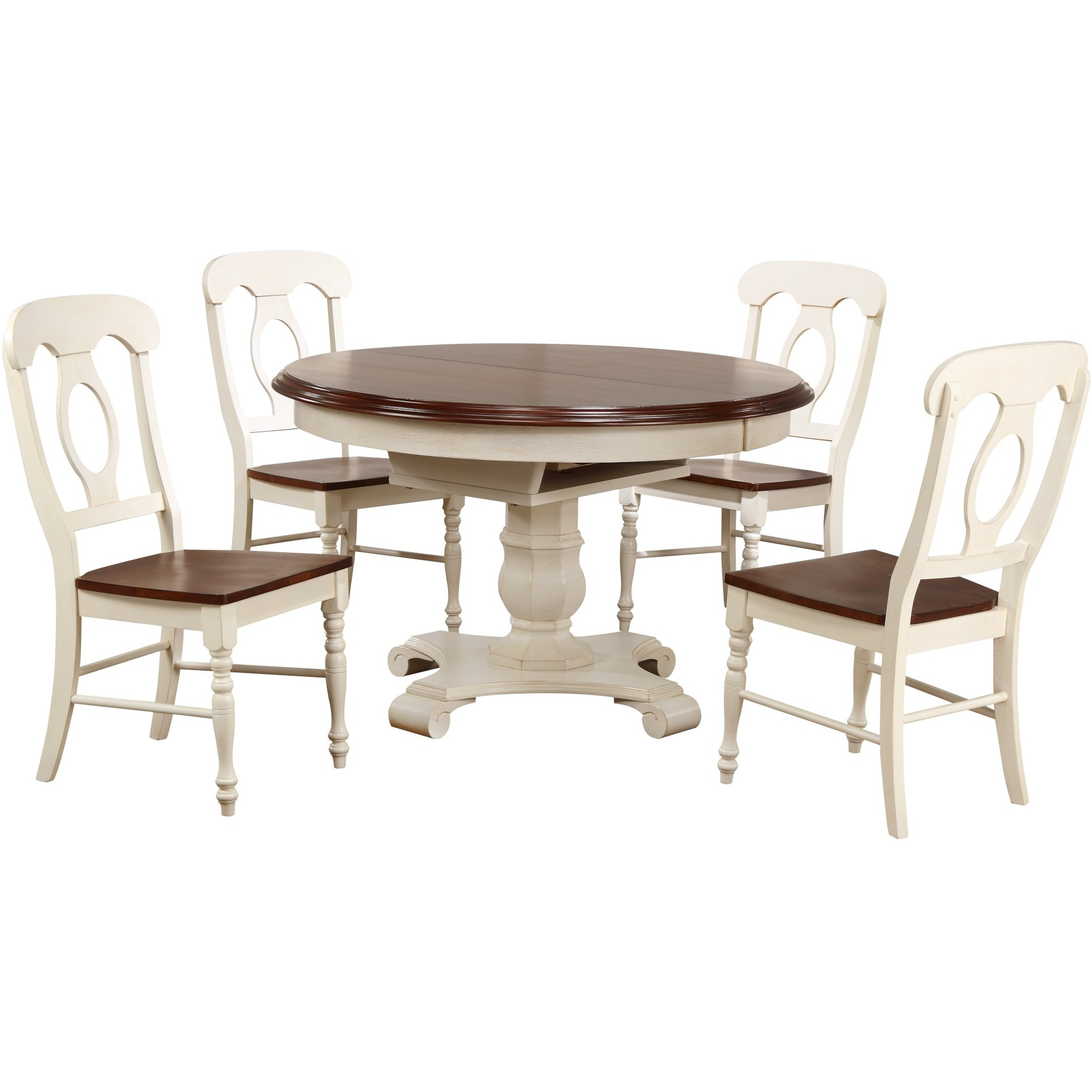 Sunset Trading Andrews 5 Piece 48" Round or 66" Oval Extendable Dining Set| Butterfly Leaf Table | Antique White and Chestnut Brown | Napoleon Chairs | Seats 6