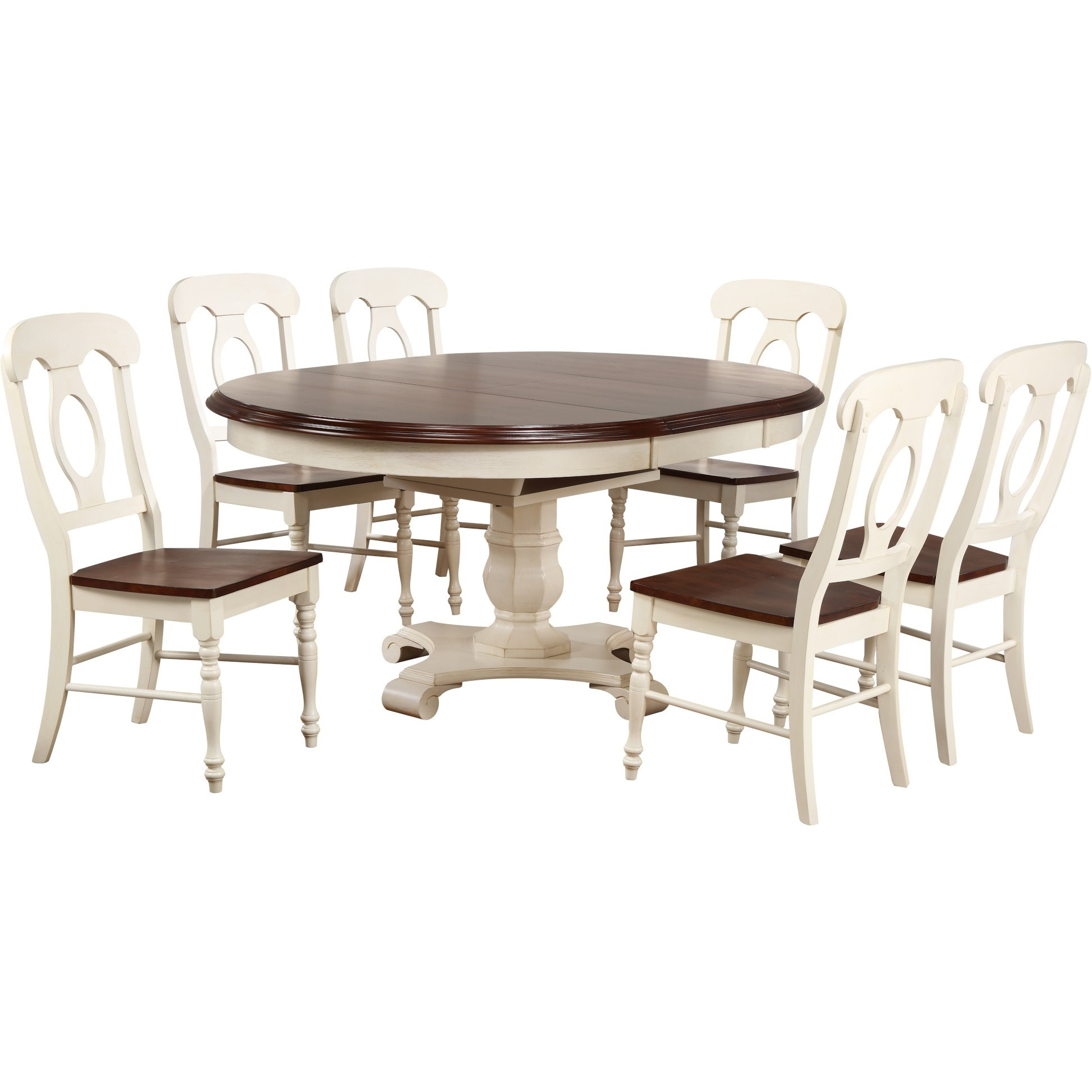 Sunset Trading Andrews 7 Piece 48" Round or 66" Oval Extendable Dining Set| Butterfly Leaf Table | Antique White and Chestnut Brown | Napoleon Chairs | Seats 6