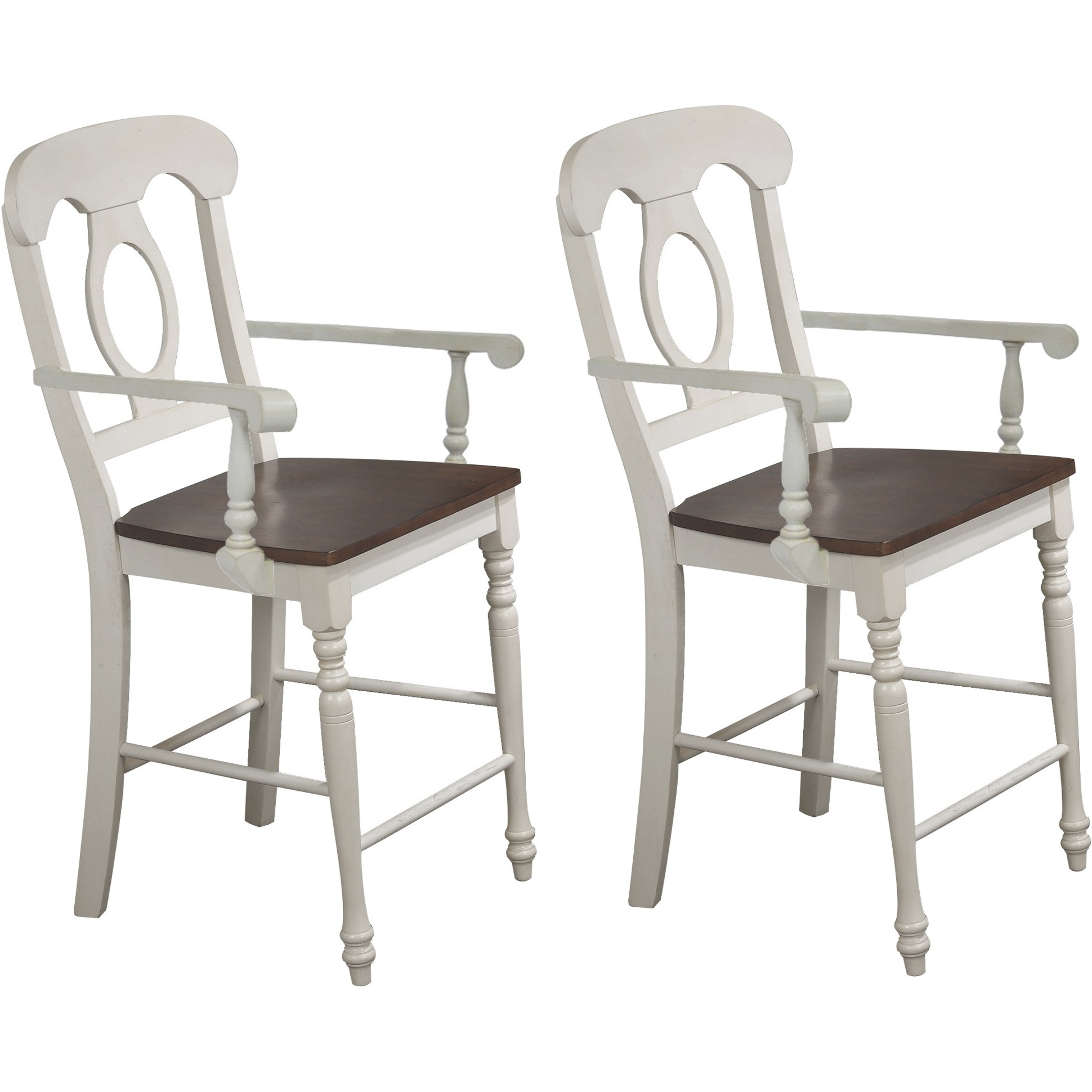 Sunset Trading Andrews Napoleon Barstool with Arms | Antique White with Chestnut Brown Seat | Counter Height Stool| Set of 2