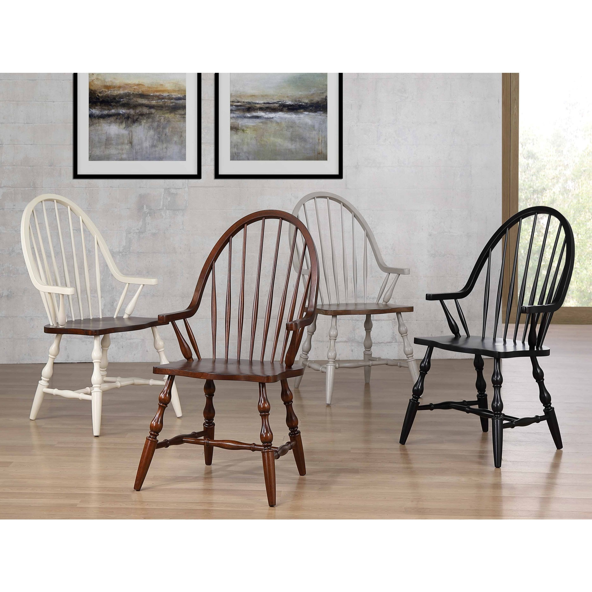 Sunset Trading Andrews Windsor Dining Chair with Arms | Antique White and Chestnut Brown