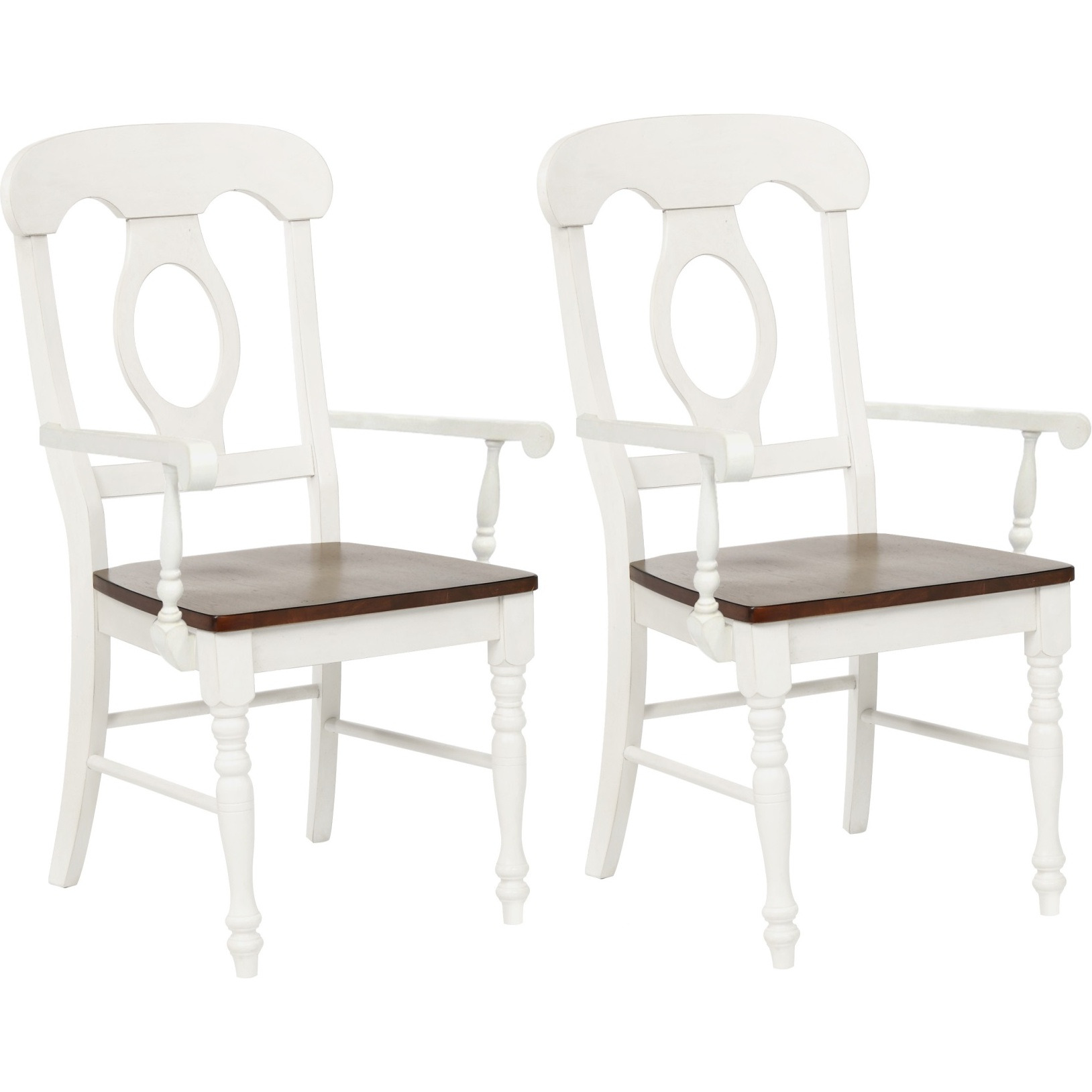 Sunset Trading Andrews Napoleon Dining Chair with Arms | Antique White with Chestnut Brown Seat | Set of 2
