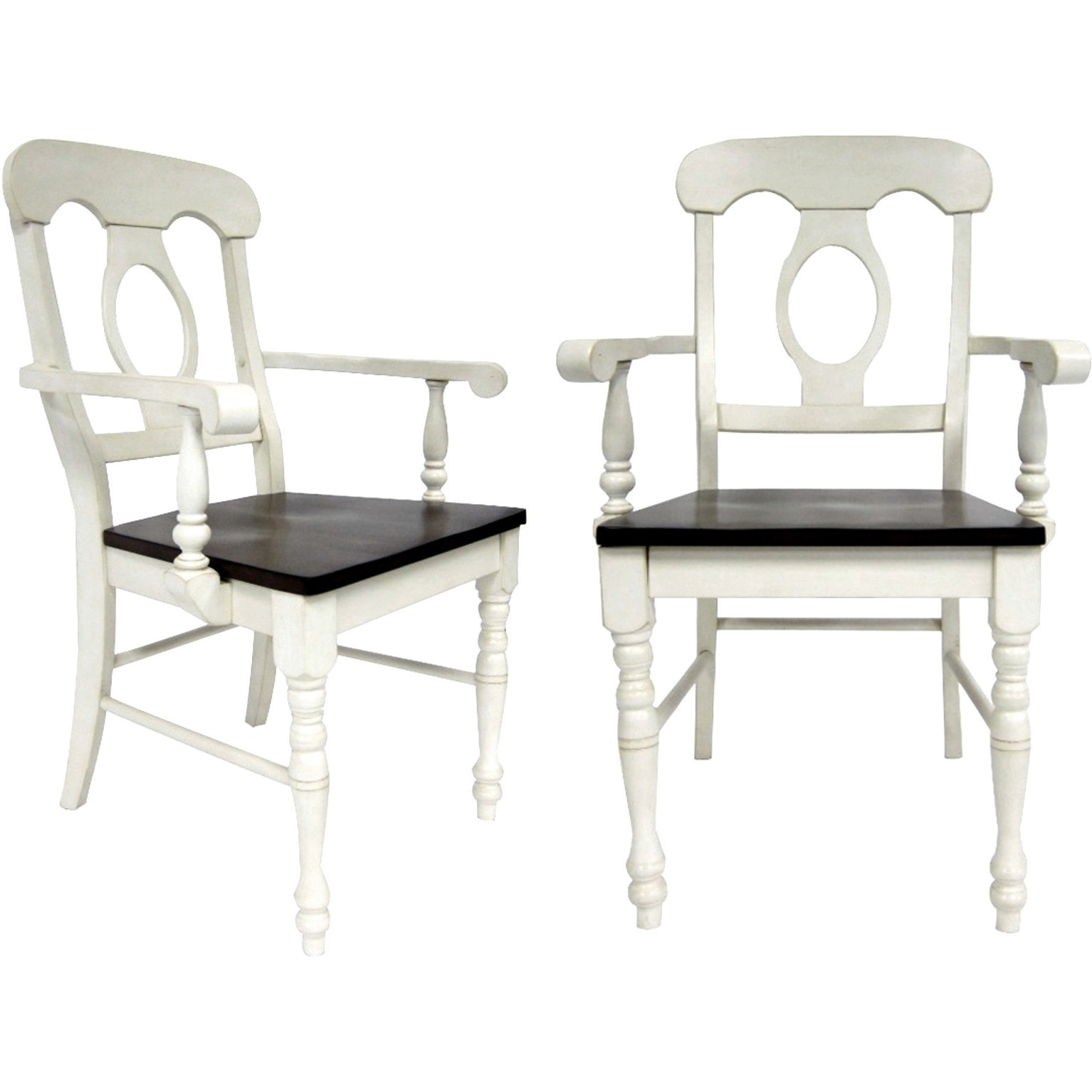 Sunset Trading Andrews Napoleon Dining Chair with Arms | Antique White with Chestnut Brown Seat | Set of 2