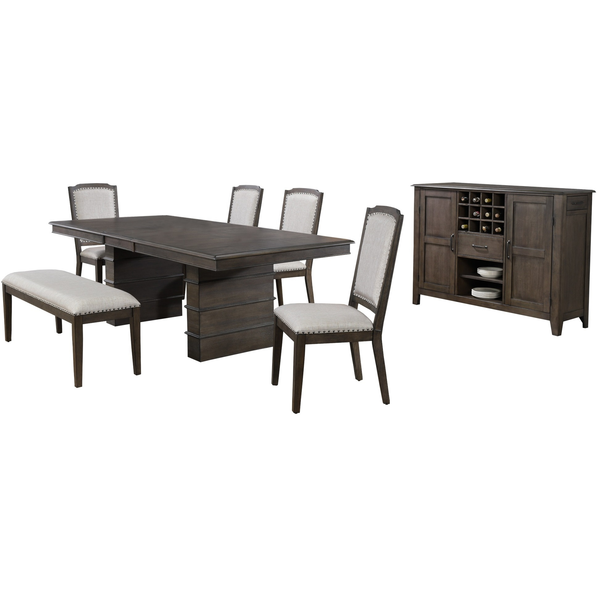 Sunset Trading Cali 7 Piece 96" Rectangular Extendable Dining Table Set | Brown Solid Wood | 4 Chairs and Bench | Server | Seats 8
