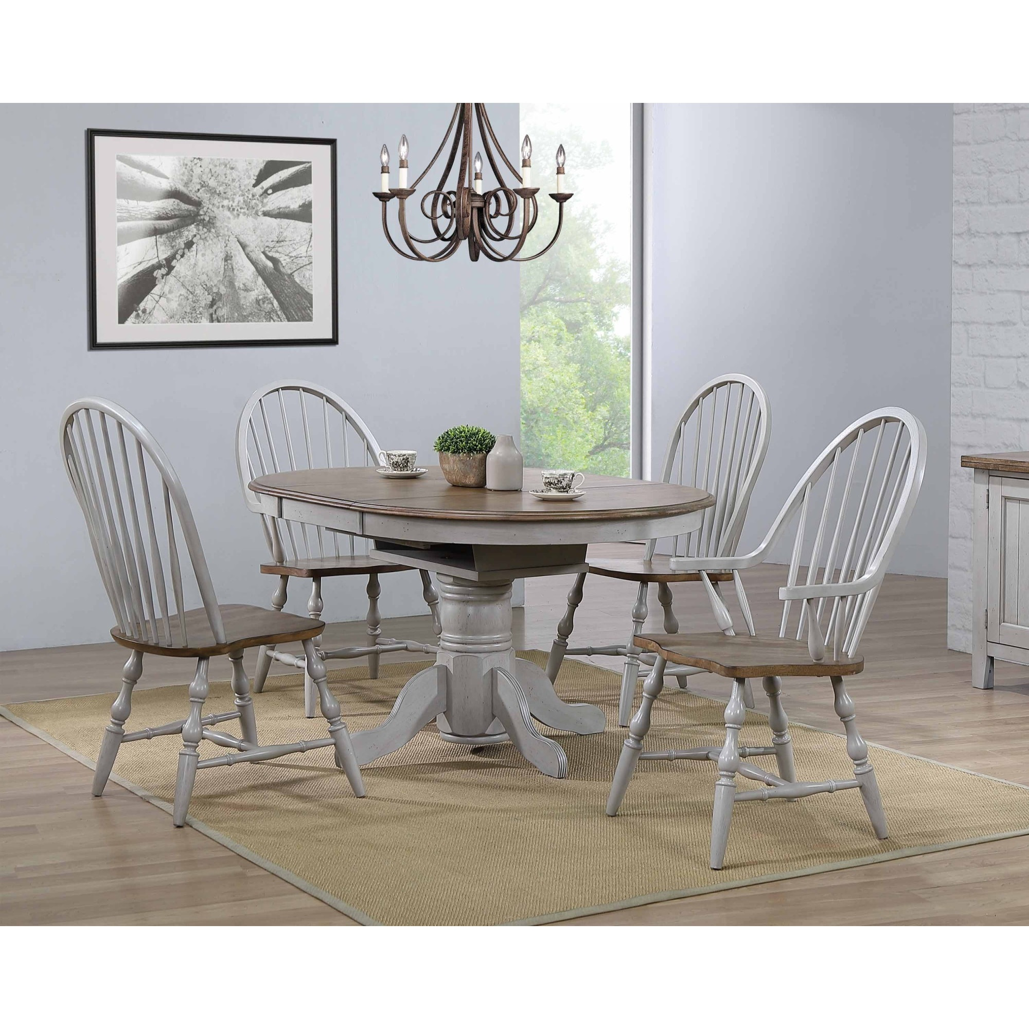 Sunset Trading Country Grove 42" Round to 60" Oval Extendable Dining Table Set | 2 Arm Chairs | Distressed Gray and Brown Wood | Seats 6