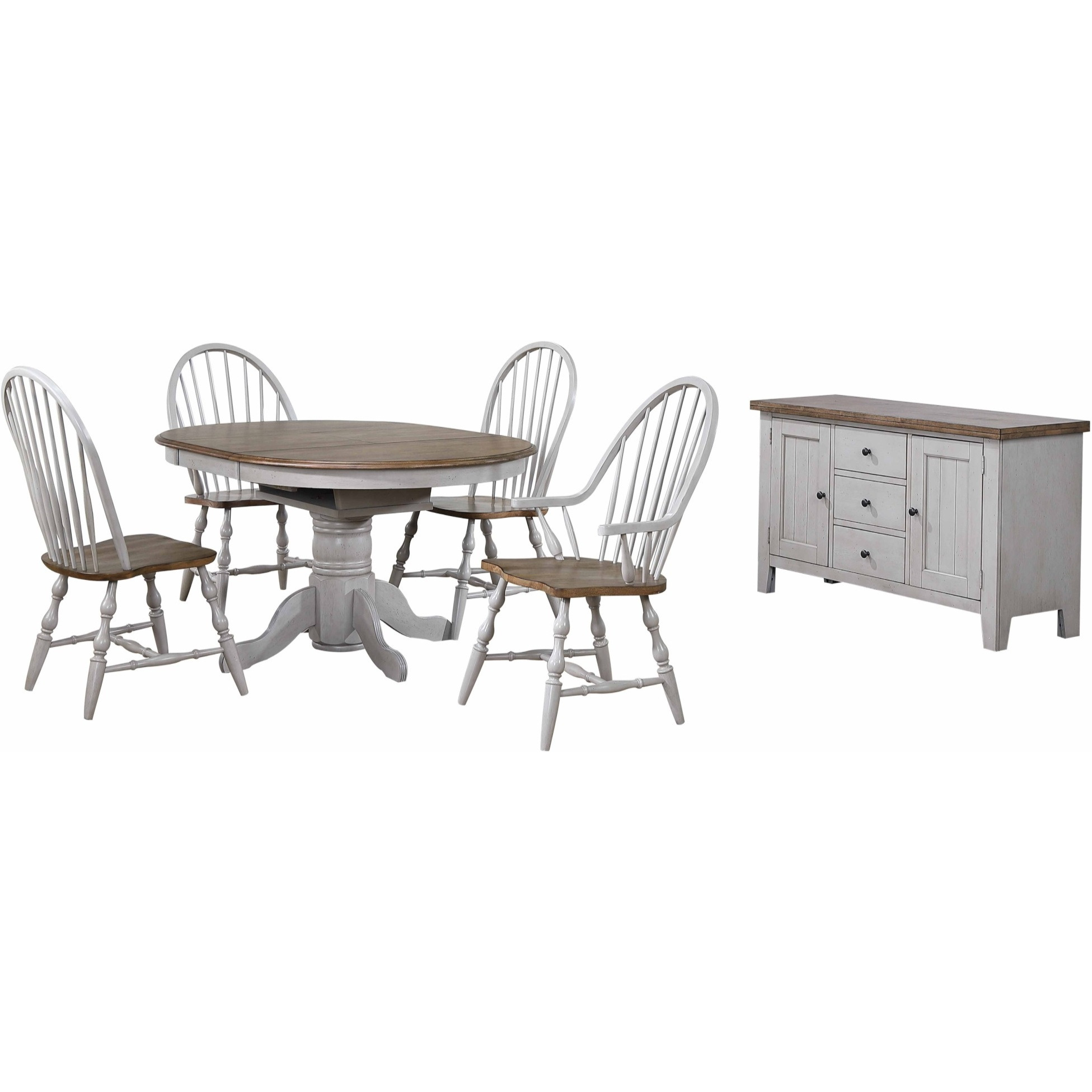 Sunset Trading Country Grove 42" Round to 60" Oval Extendable Dining Table Set | 2 Arm Chairs | Buffet | Distressed Gray and Brown Wood | Seats 6