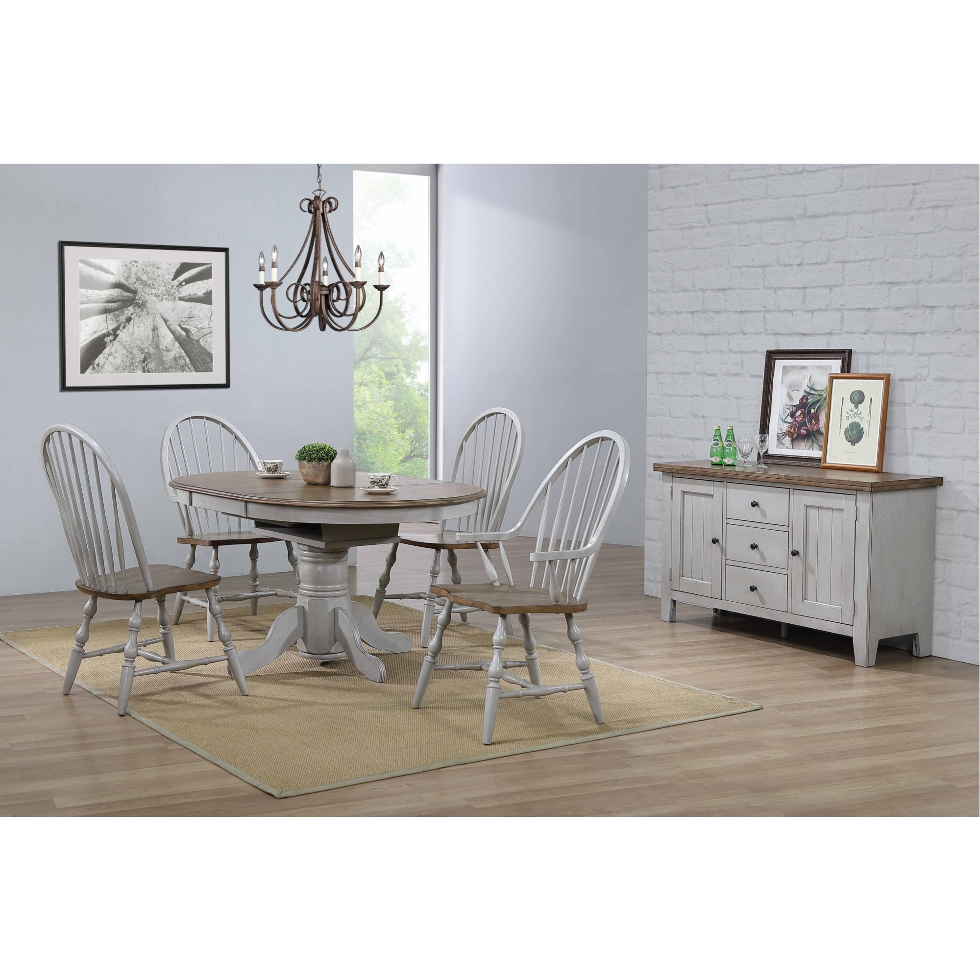 Sunset Trading Country Grove 42" Round to 60" Oval Extendable Dining Table Set | 2 Arm Chairs | Buffet | Distressed Gray and Brown Wood | Seats 6