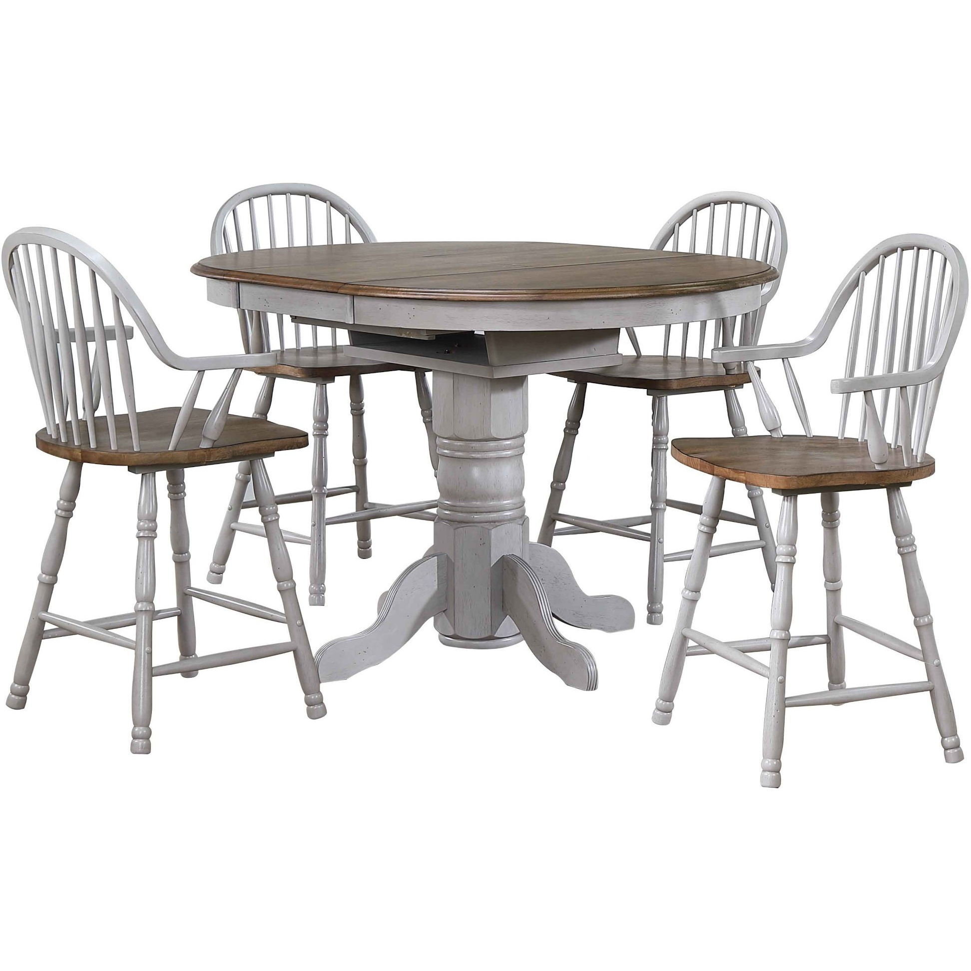 Sunset Trading Country Grove 5 Piece 42" Round to 60" Oval Extendable Pub Table Set | 4 Barstools with Arms | Counter Height Dining | Distressed Gray and Brown Wood | Seats 6