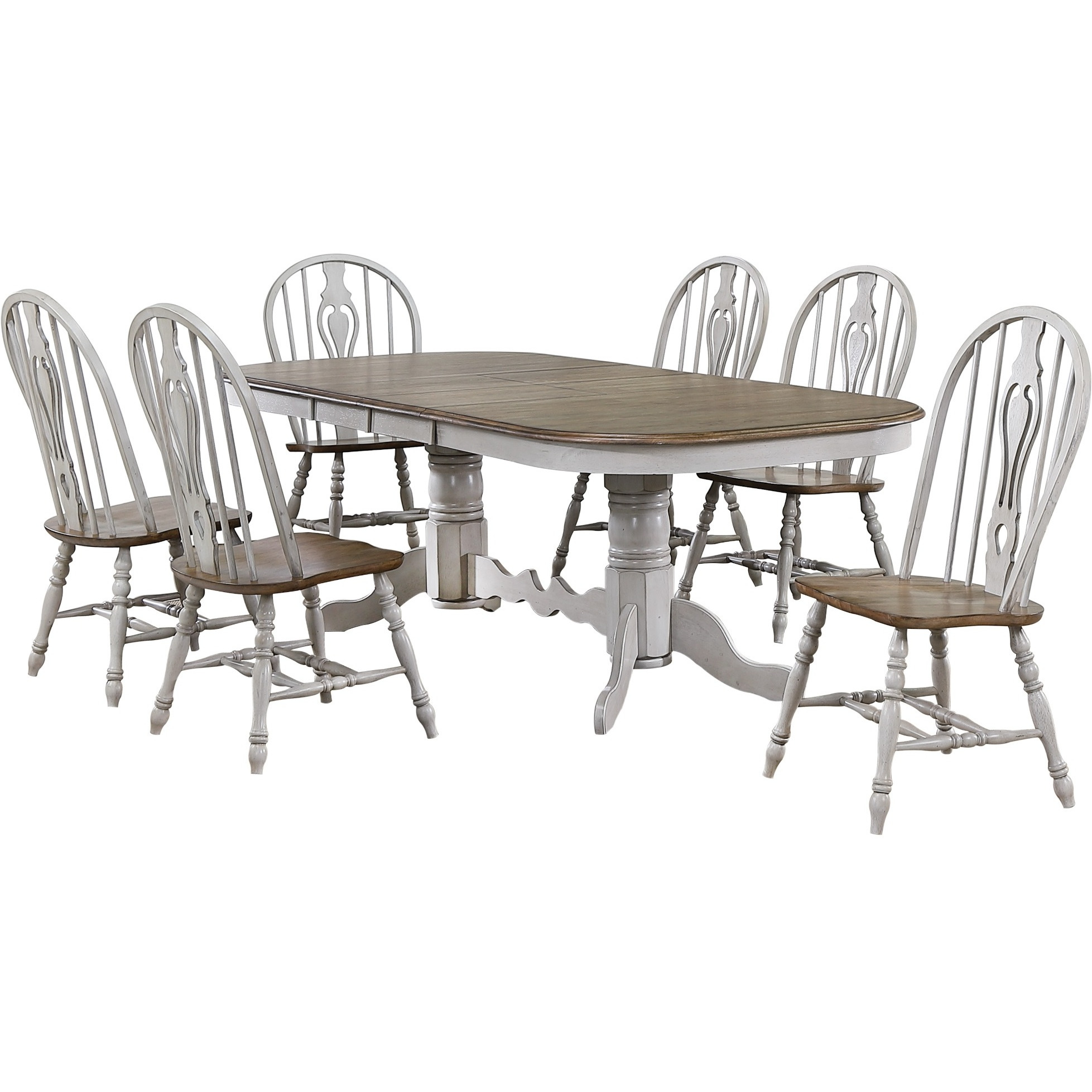 Sunset Trading Country Grove 7 Piece 96" Oval Double Pedestal Extendable Dining Table Set | Distressed Gray and Brown Wood | Seats 10