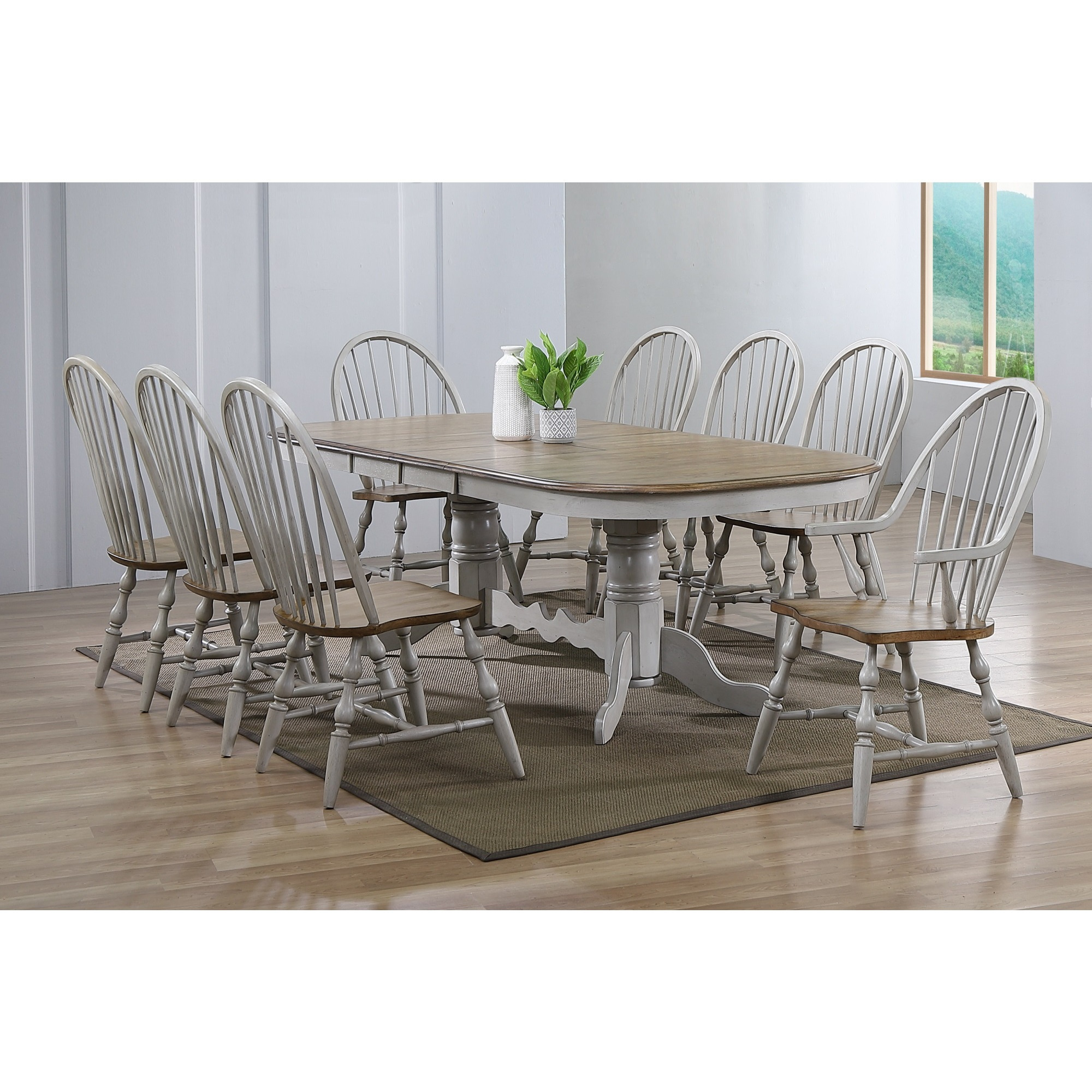 Sunset Trading Country Grove 9 Piece 96" Oval Double Pedestal Extendable Dining Table Set | 2 Arm Chairs | Distressed Gray and Brown Wood | Seats 10