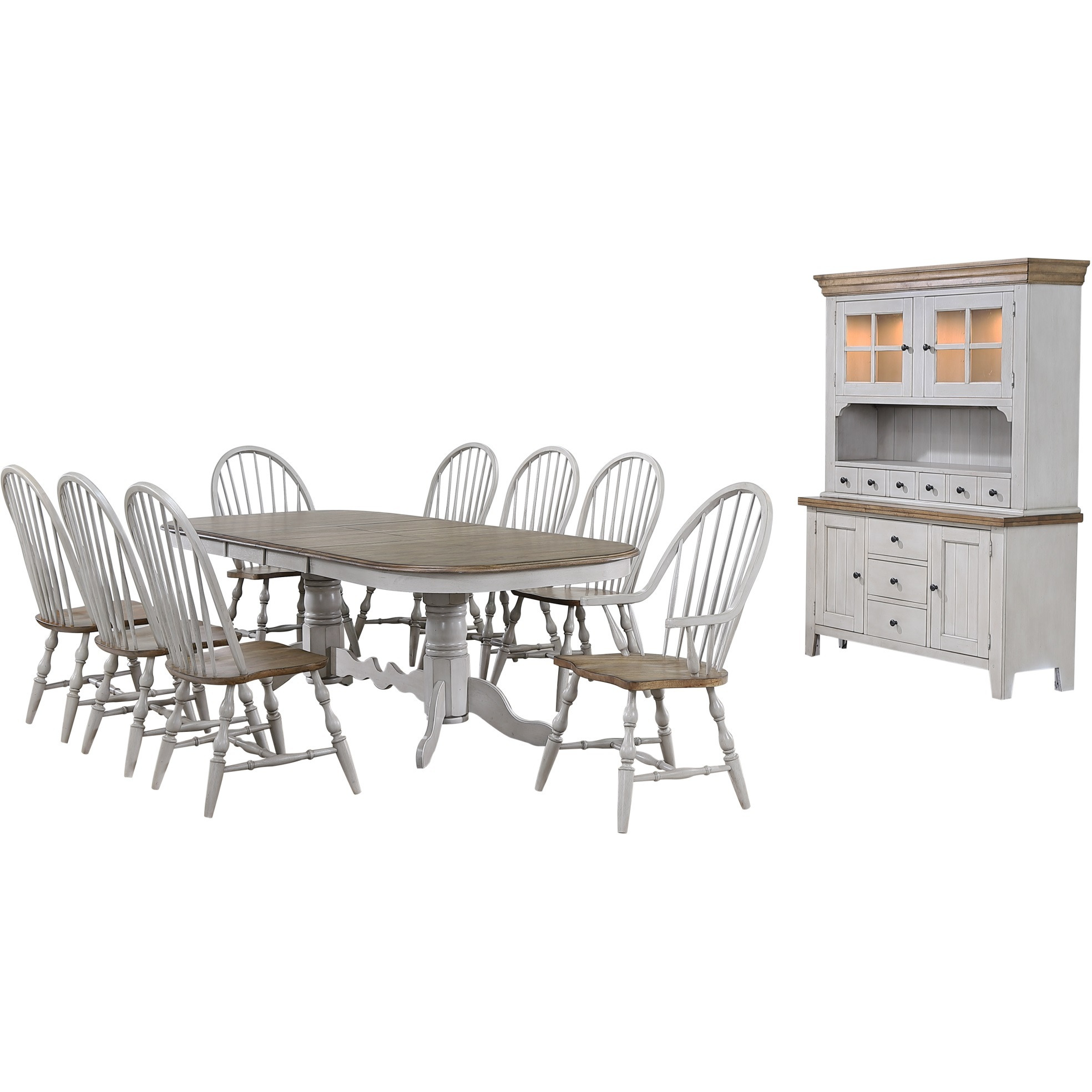 Sunset Trading Country Grove 10 Piece 96" Oval Double Pedestal Extendable Dining Table Set | 2 Arm Chairs | Lighted China Cabinet | Distressed Gray and Brown Wood | Seats 10