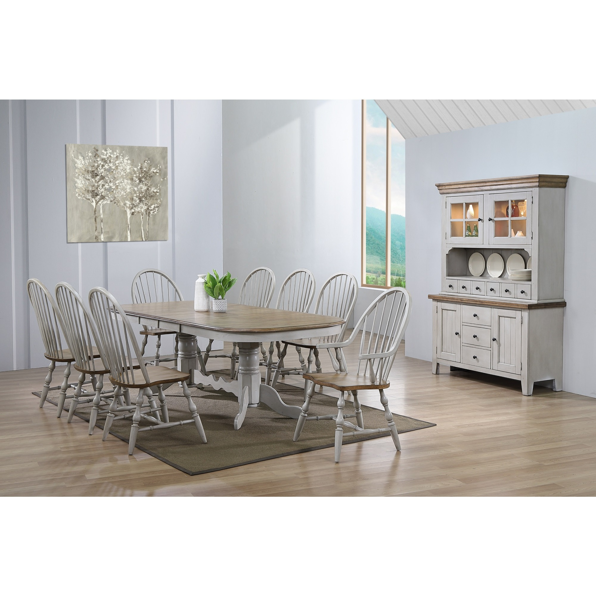 Sunset Trading Country Grove 10 Piece 96" Oval Double Pedestal Extendable Dining Table Set | 2 Arm Chairs | Lighted China Cabinet | Distressed Gray and Brown Wood | Seats 10