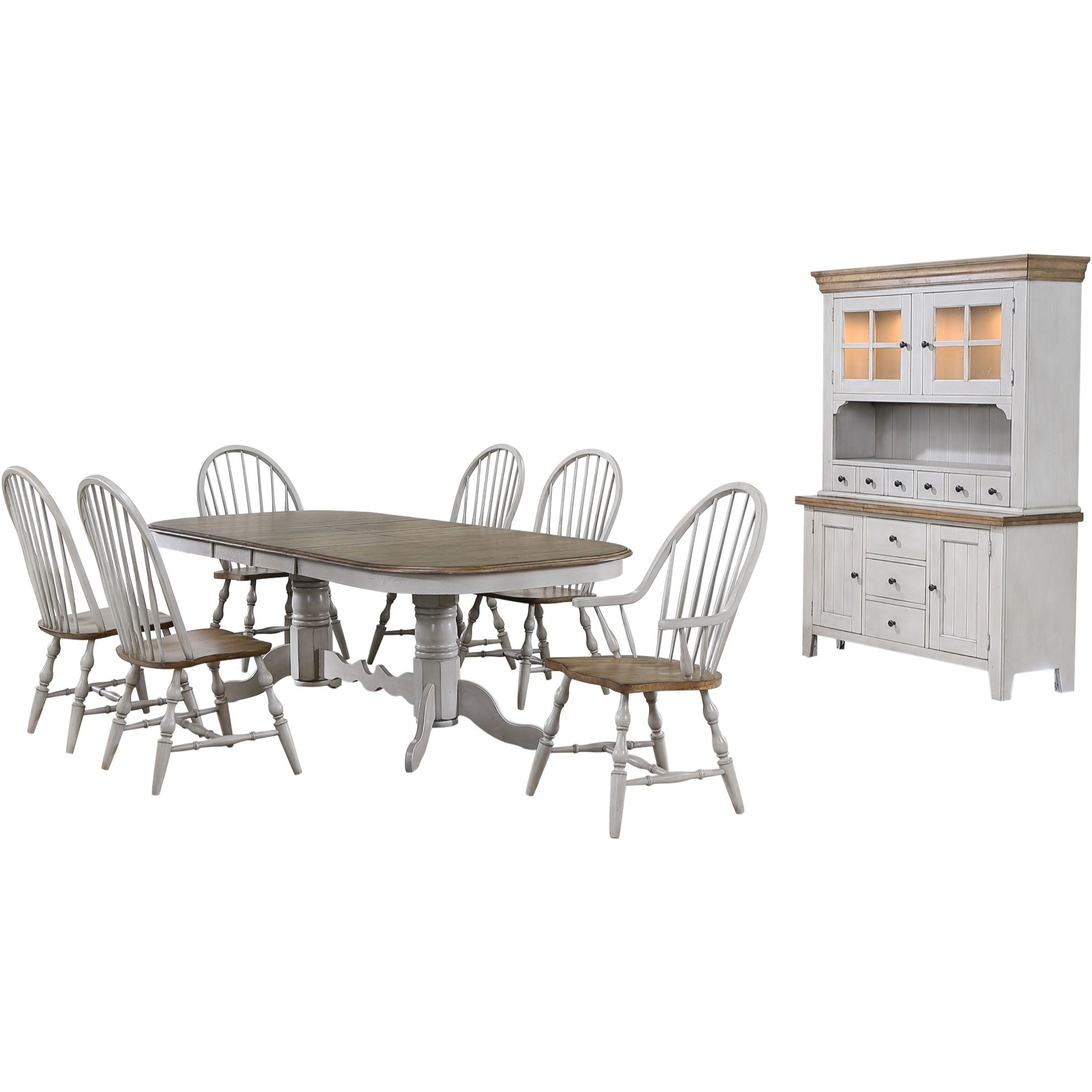 Sunset Trading Country Grove 8 Piece 96" Oval Double Pedestal Extendable Dining Table Set | 2 Arm Chairs | Lighted China Cabinet | Distressed Gray and Brown Wood | Seats 10