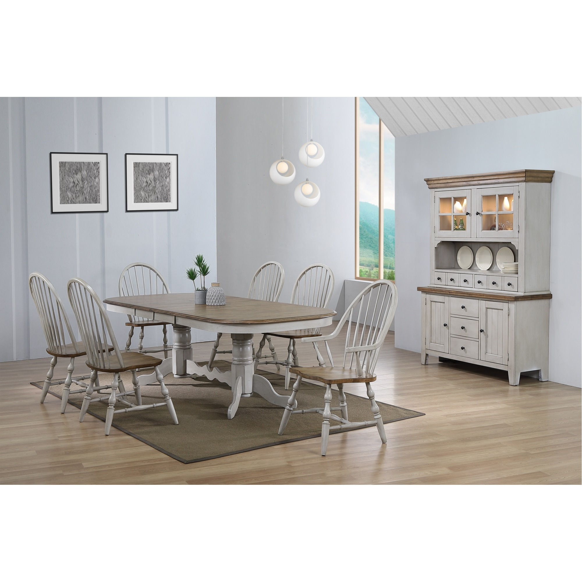Sunset Trading Country Grove 8 Piece 96" Oval Double Pedestal Extendable Dining Table Set | 2 Arm Chairs | Lighted China Cabinet | Distressed Gray and Brown Wood | Seats 10