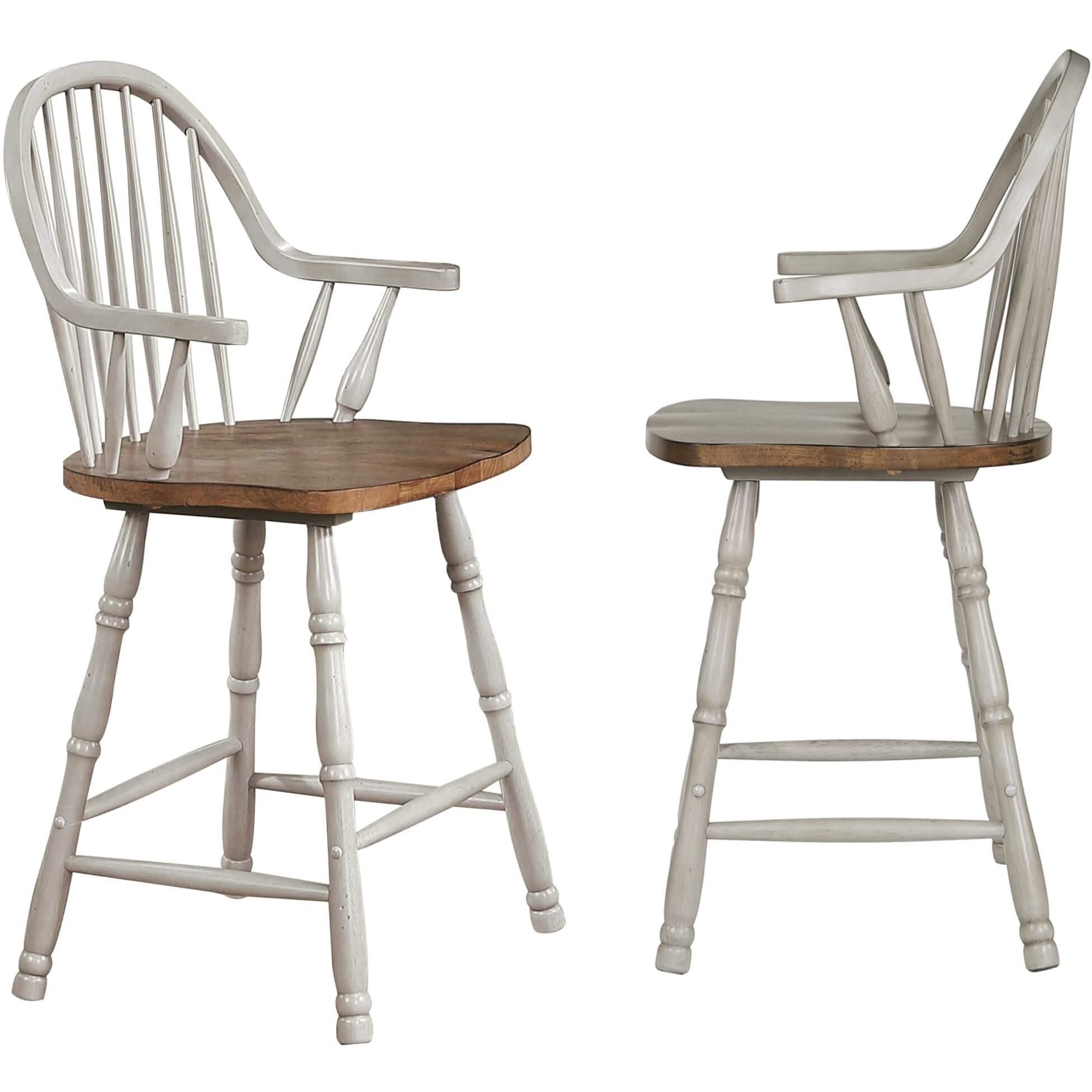 Sunset Trading Country Grove 24" Windsor Barstools with Arms | Counter Height Dining | Distressed Gray and Brown Wood | Set of 2
