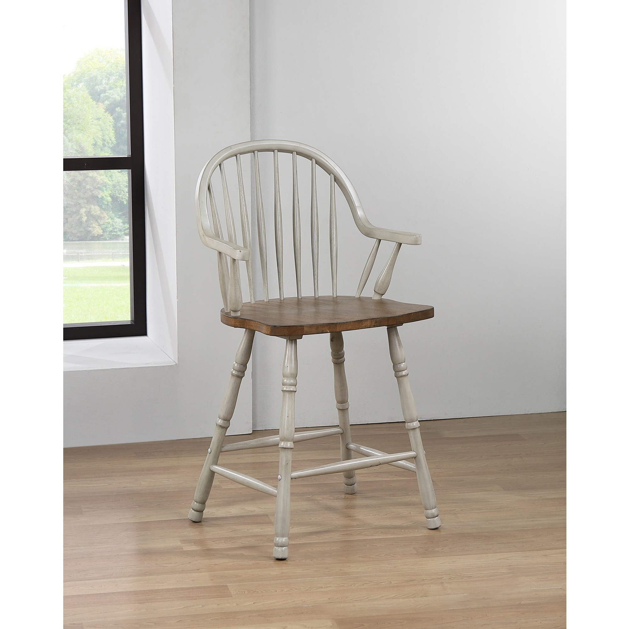 Sunset Trading Country Grove 24" Windsor Barstools with Arms | Counter Height Dining | Distressed Gray and Brown Wood | Set of 2