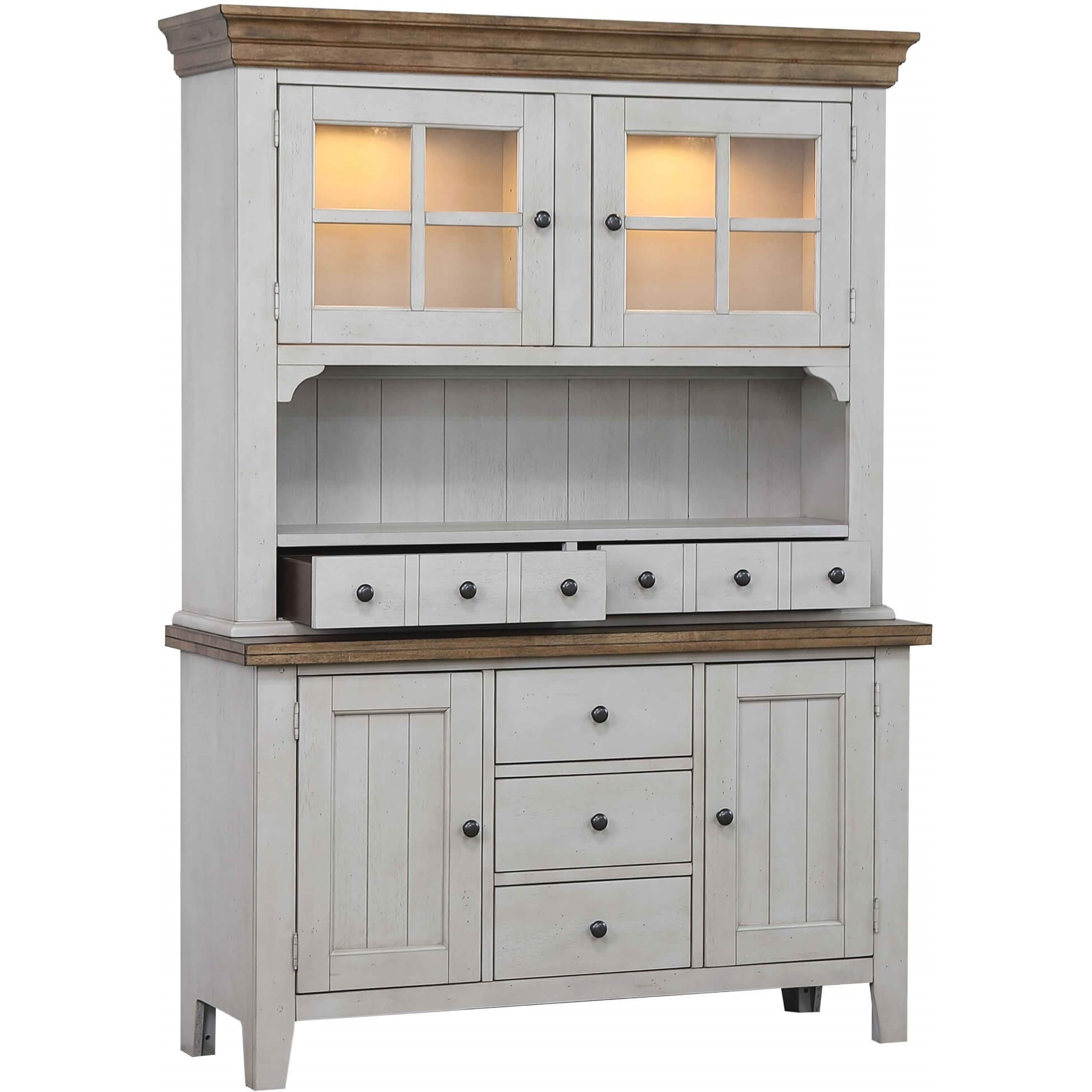 Sunset Trading Country Grove Buffet and Lighted Hutch | Distressed Gray and Brown Wood