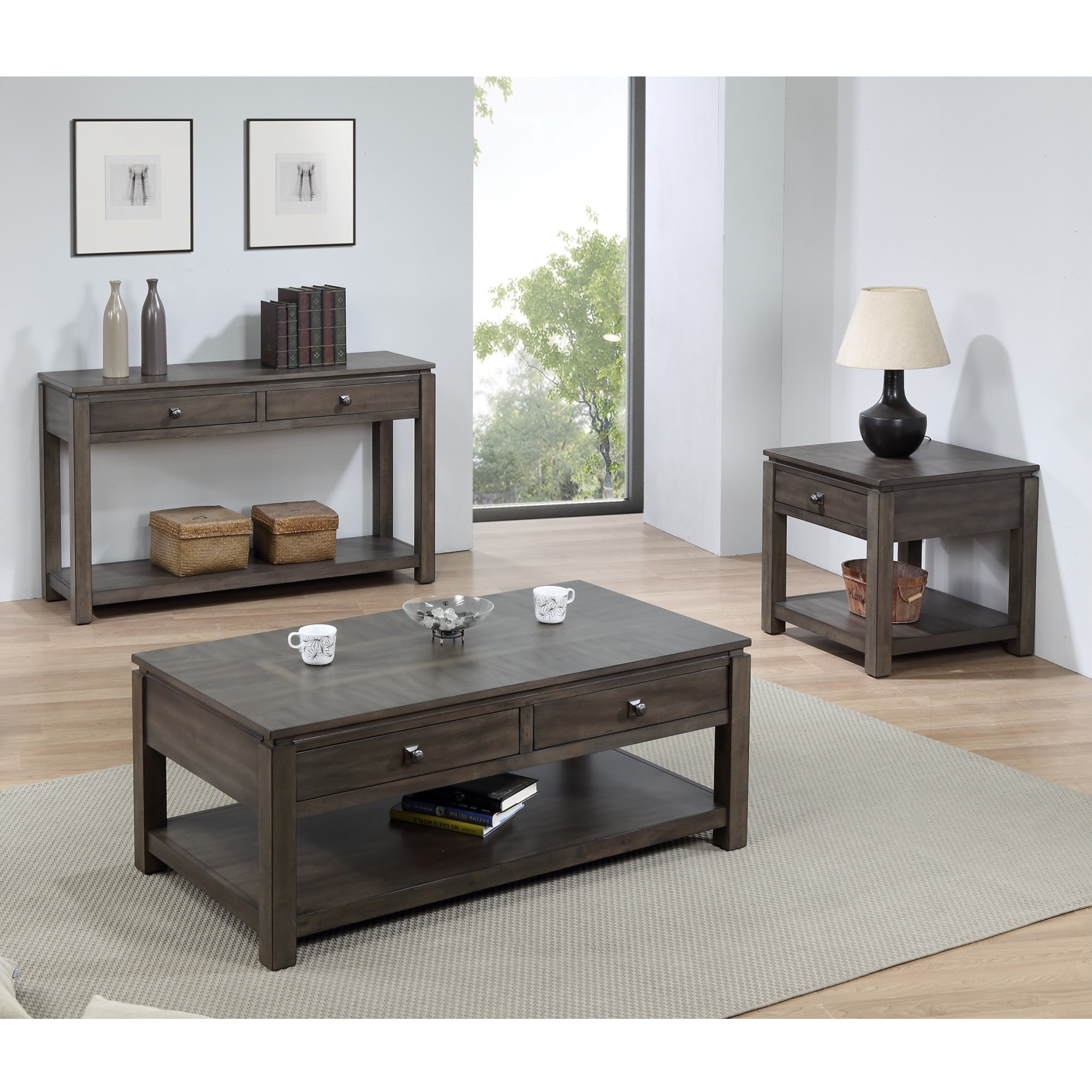 Sunset Trading Shades of Gray 3 Piece Living Room Table Set with Drawers and Shelves