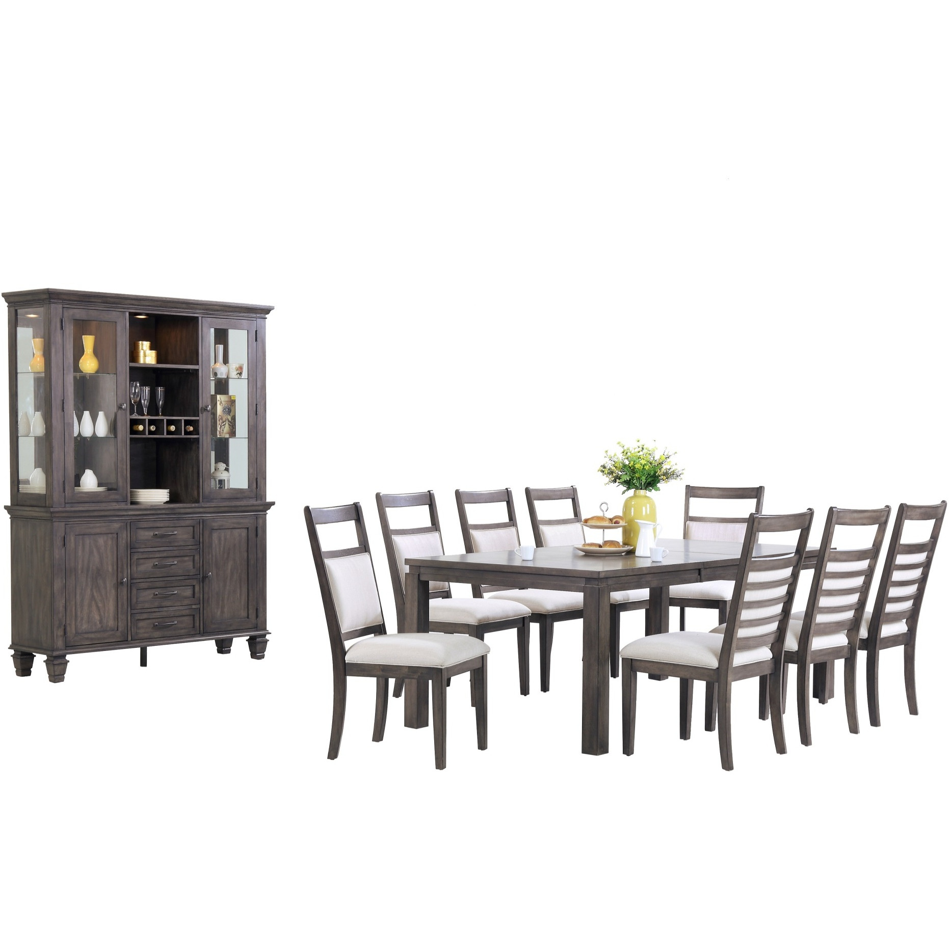 Sunset Trading Shades of Gray 11 Piece 82" Rectangular Extendable Dining Set | Lighted China Cabinet | Seats 8