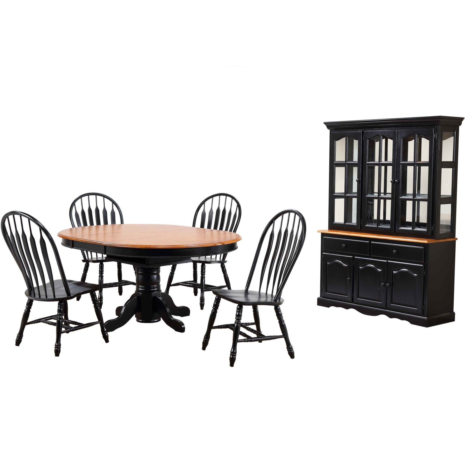 Sunset Trading Black Cherry Selections 7 Piece 48" Round to 66" Oval Extendable Dining Set | Butterfly Leaf Pedestal Table | China Cabinet | Seats 6