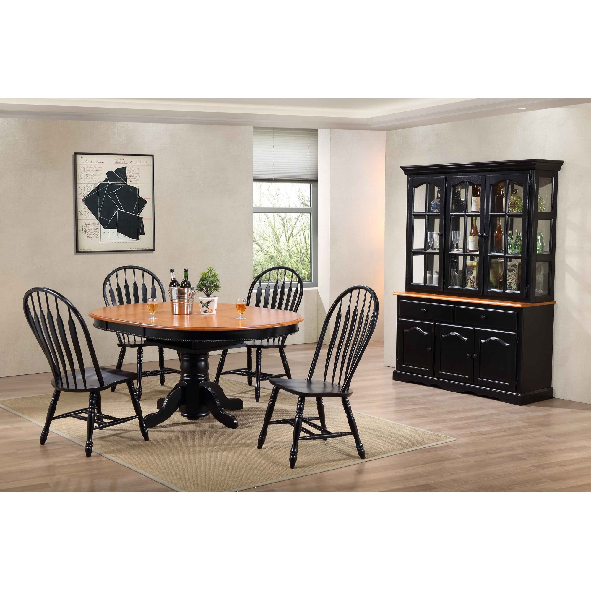 Sunset Trading Black Cherry Selections 7 Piece 48" Round to 66" Oval Extendable Dining Set | Butterfly Leaf Pedestal Table | China Cabinet | Seats 6