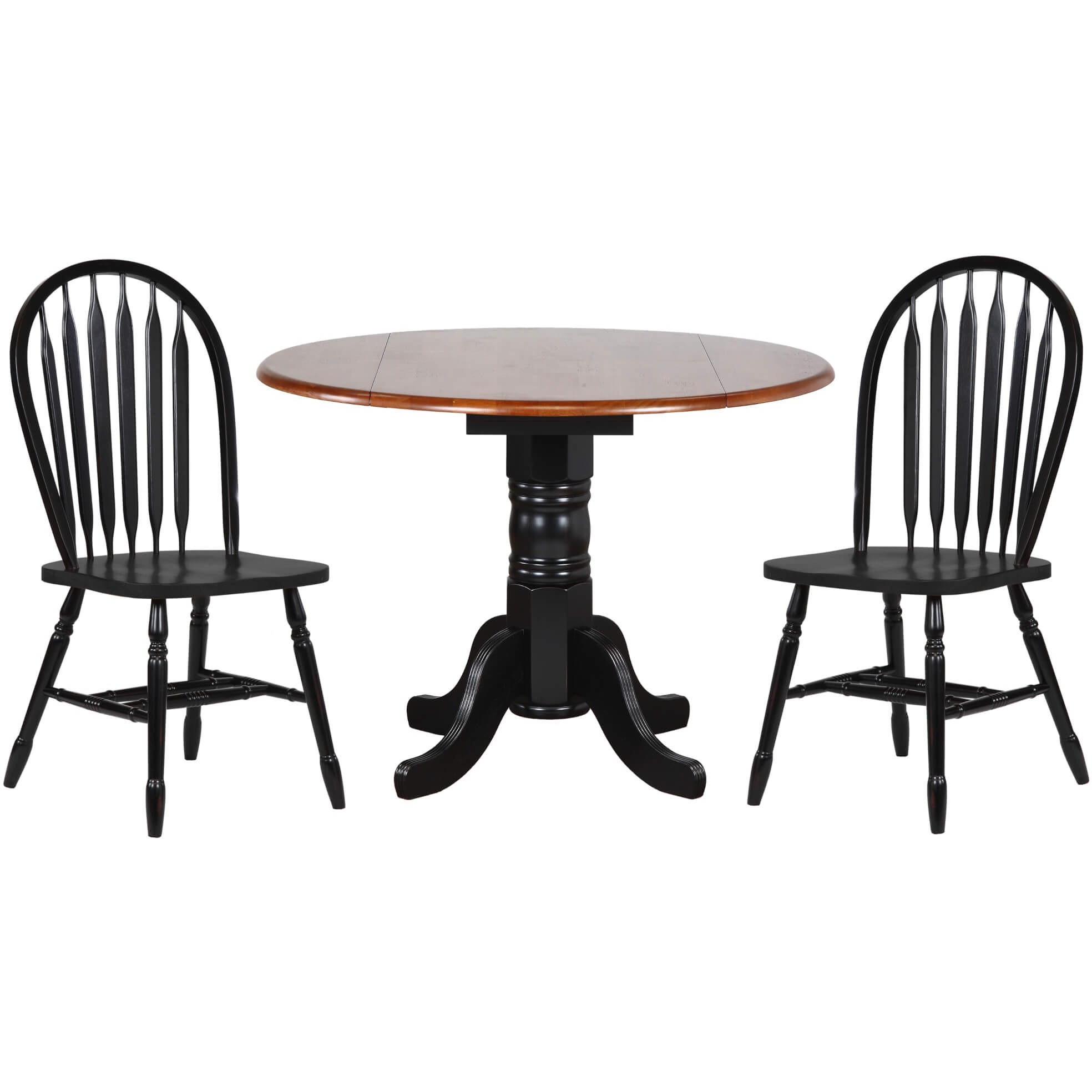 Sunset Trading Black Cherry Selections 3 Piece 42" Round Extendable Dining Set with 2 Black Arrowback Chairs | Drop Leaf Table | Seats 6