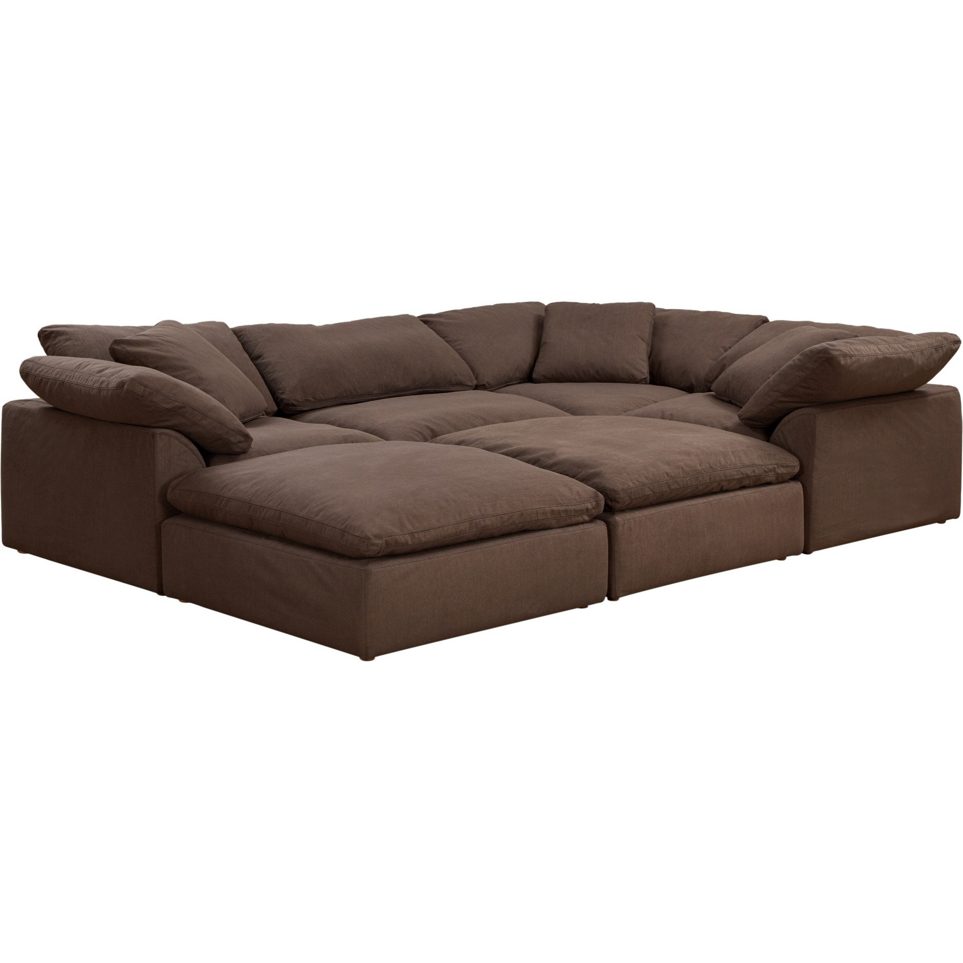 Sunset Trading Contemporary Puff Collection 6PC Slipcovered Modular U-Shaped Pit Sectional Sofa, Performance Fabric Washable Water-Resistant Stain-Proof, 132" Deep-Seating Down-Filled Chaise Lounge Couch, Brown
