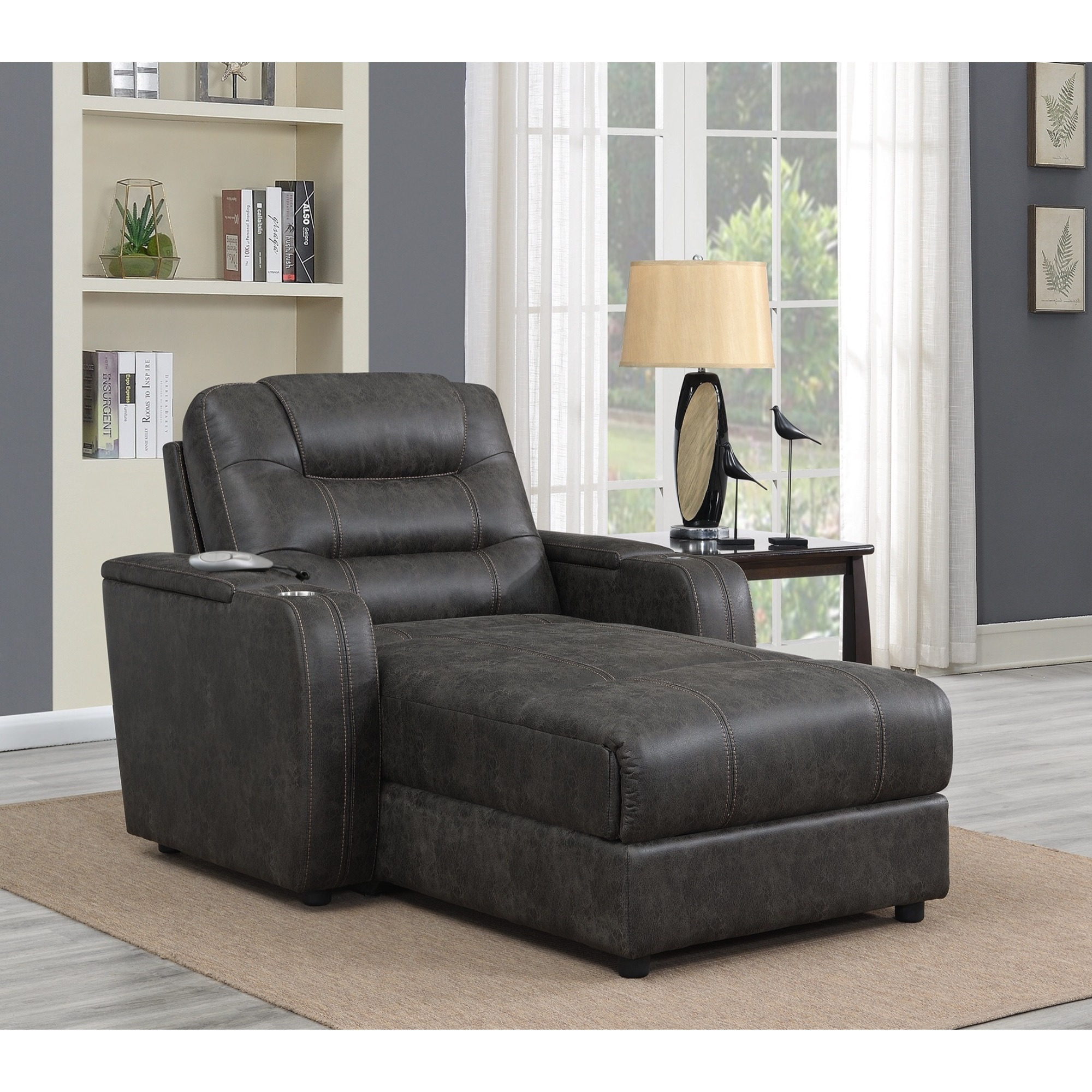 Sunset Trading Power Reclining Chaise Lounge Chair with Arms | Phone Charger | Cupholder | Storage | Gray