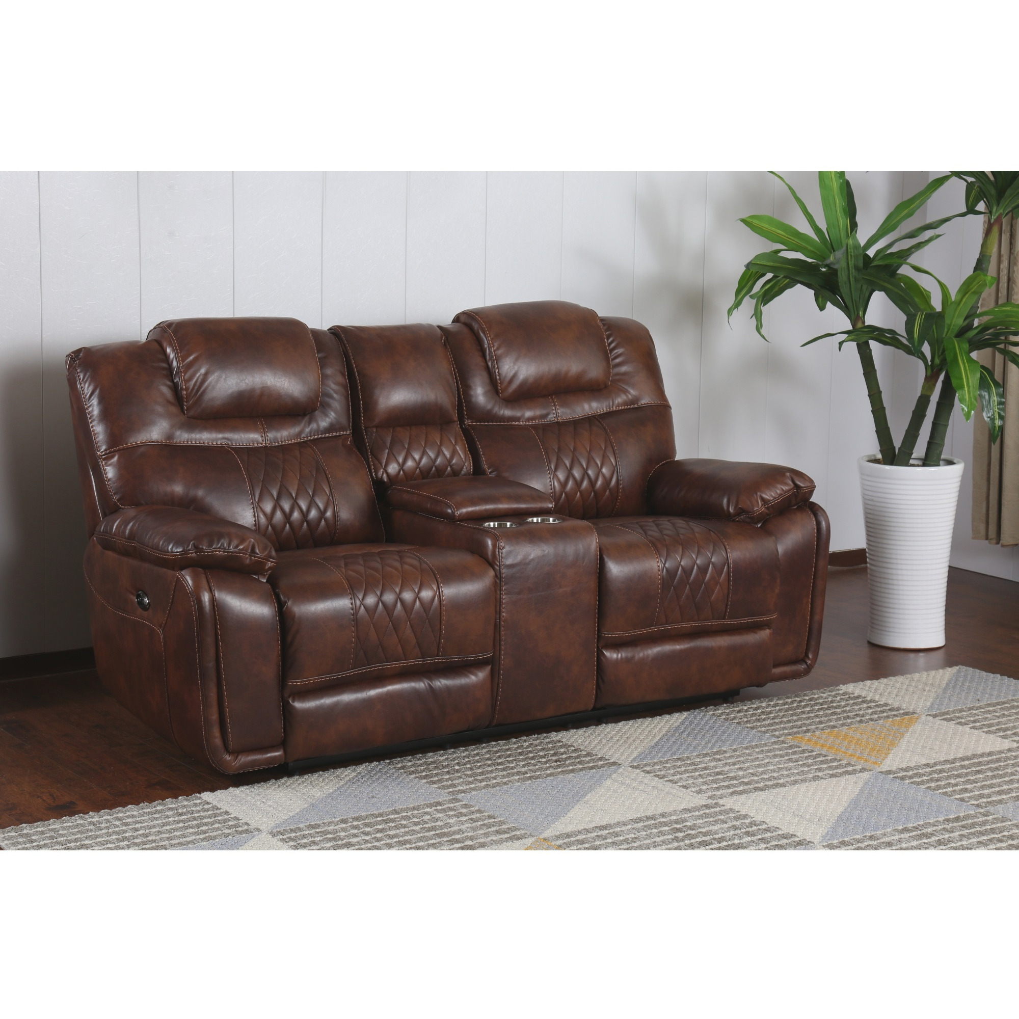 Sunset Trading Diamond Power Dual Reclining Loveseat| Center Console with Cup Holders |Brown Leather Gel