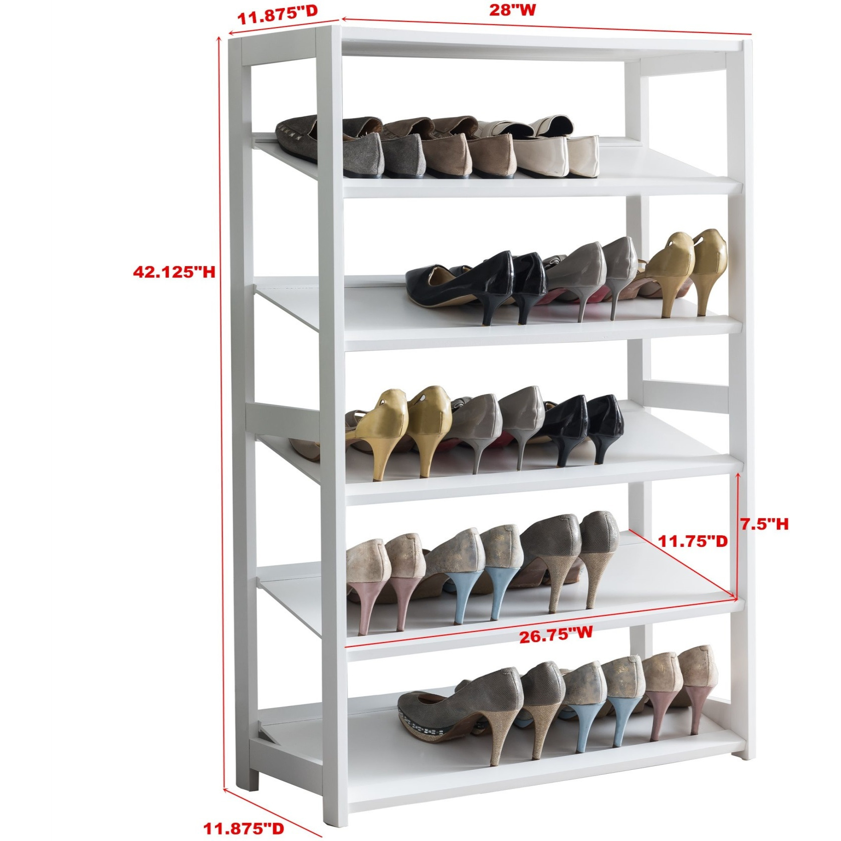 Higgins 5 Tier Racks Free Standing Shoe Storage Organizer, White Wood