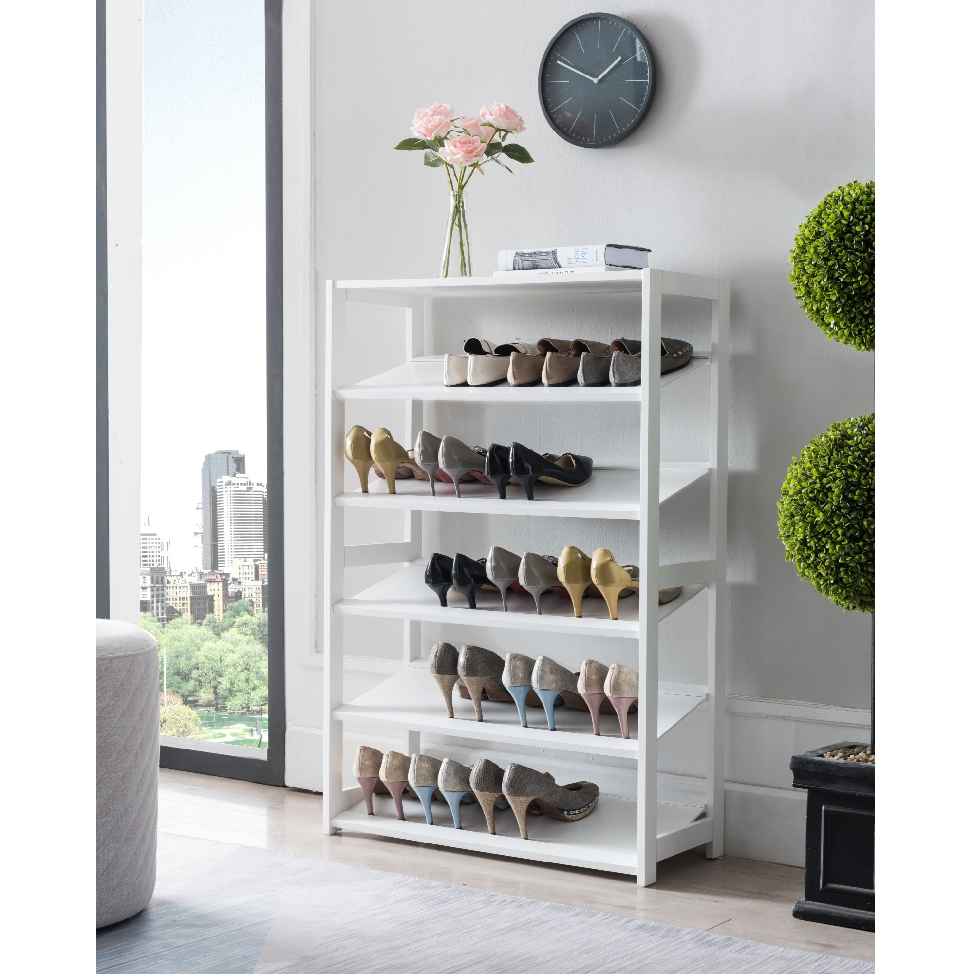 Higgins 5 Tier Racks Free Standing Shoe Storage Organizer, White Wood