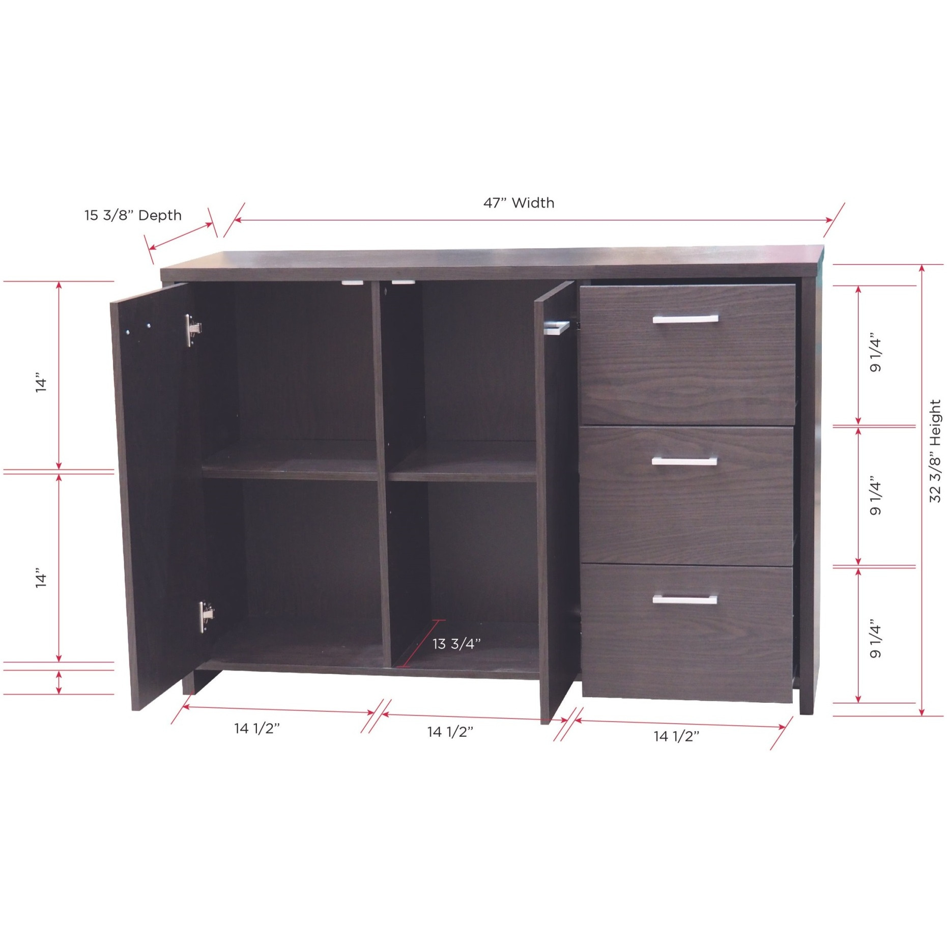 Beckville Modern Sideboard Buffet with 3 Drawers & Shelves, Chocolate Wood