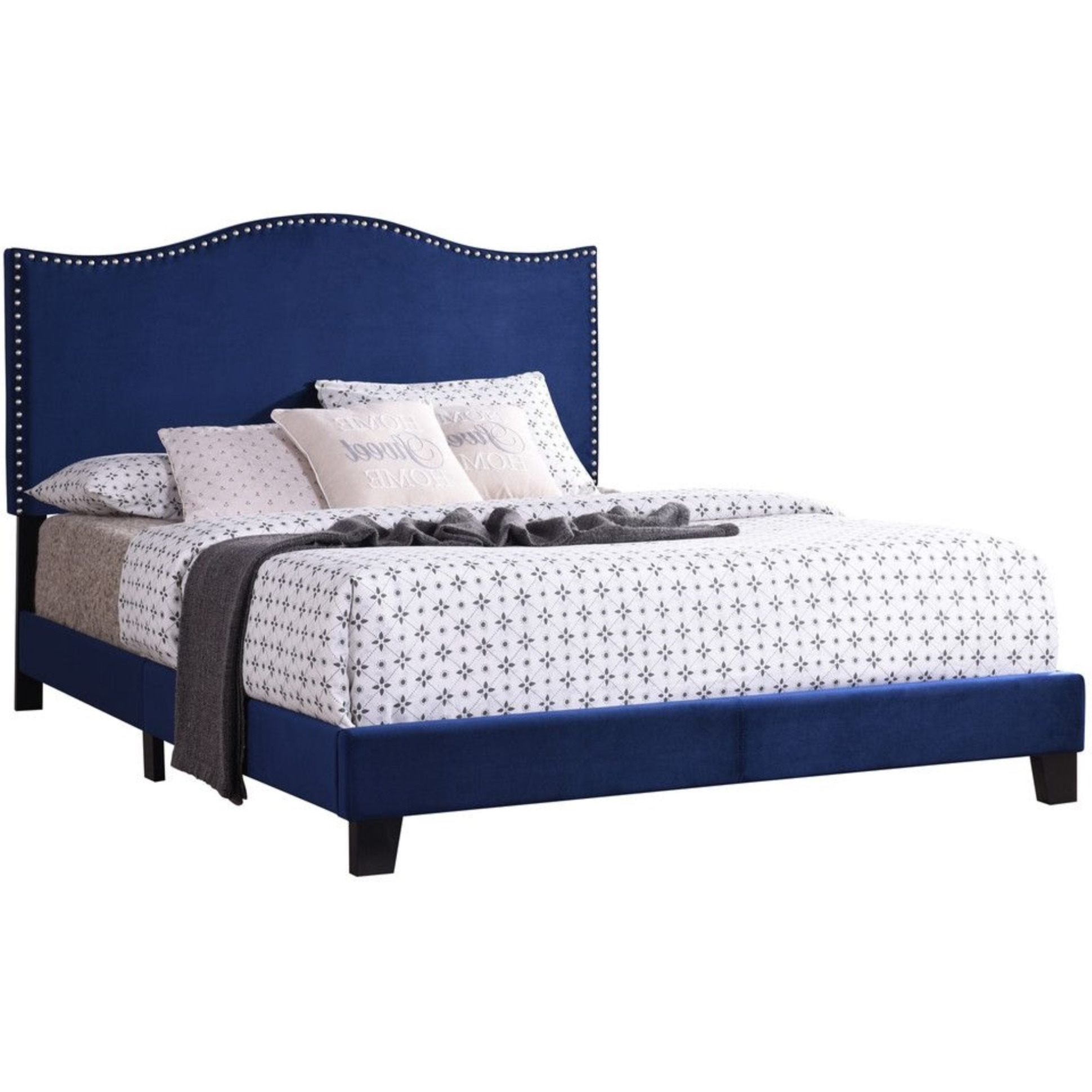 Skye Upholstered Panel Bed, Blue Velvet, King, With Solid Wood Legs, Nailhead Headboard, Footboard, Rails, Slats