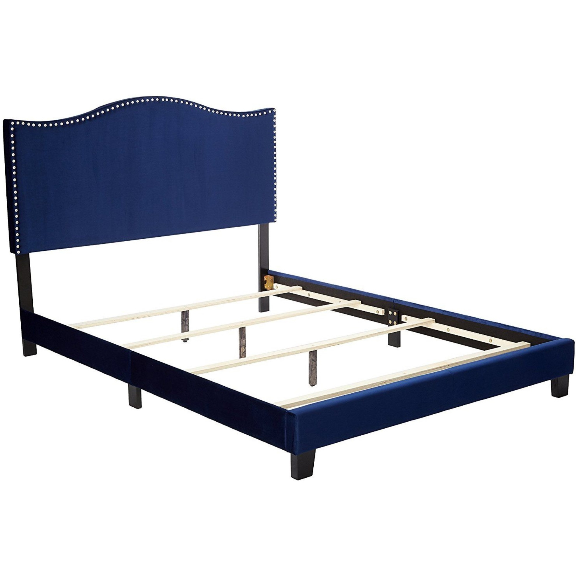 Skye Upholstered Panel Bed, Blue Velvet, King, With Solid Wood Legs, Nailhead Headboard, Footboard, Rails, Slats