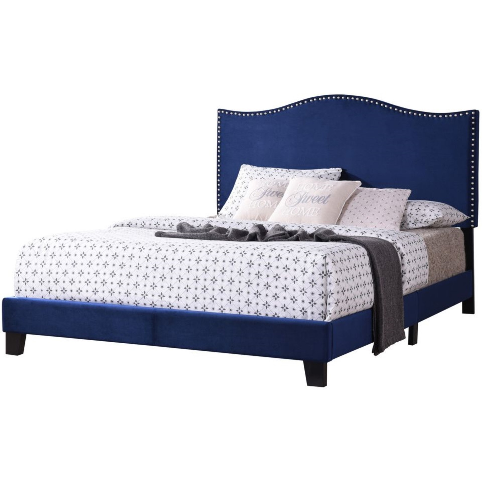 Skye Upholstered Panel Bed, Blue Velvet, King, With Solid Wood Legs, Nailhead Headboard, Footboard, Rails, Slats