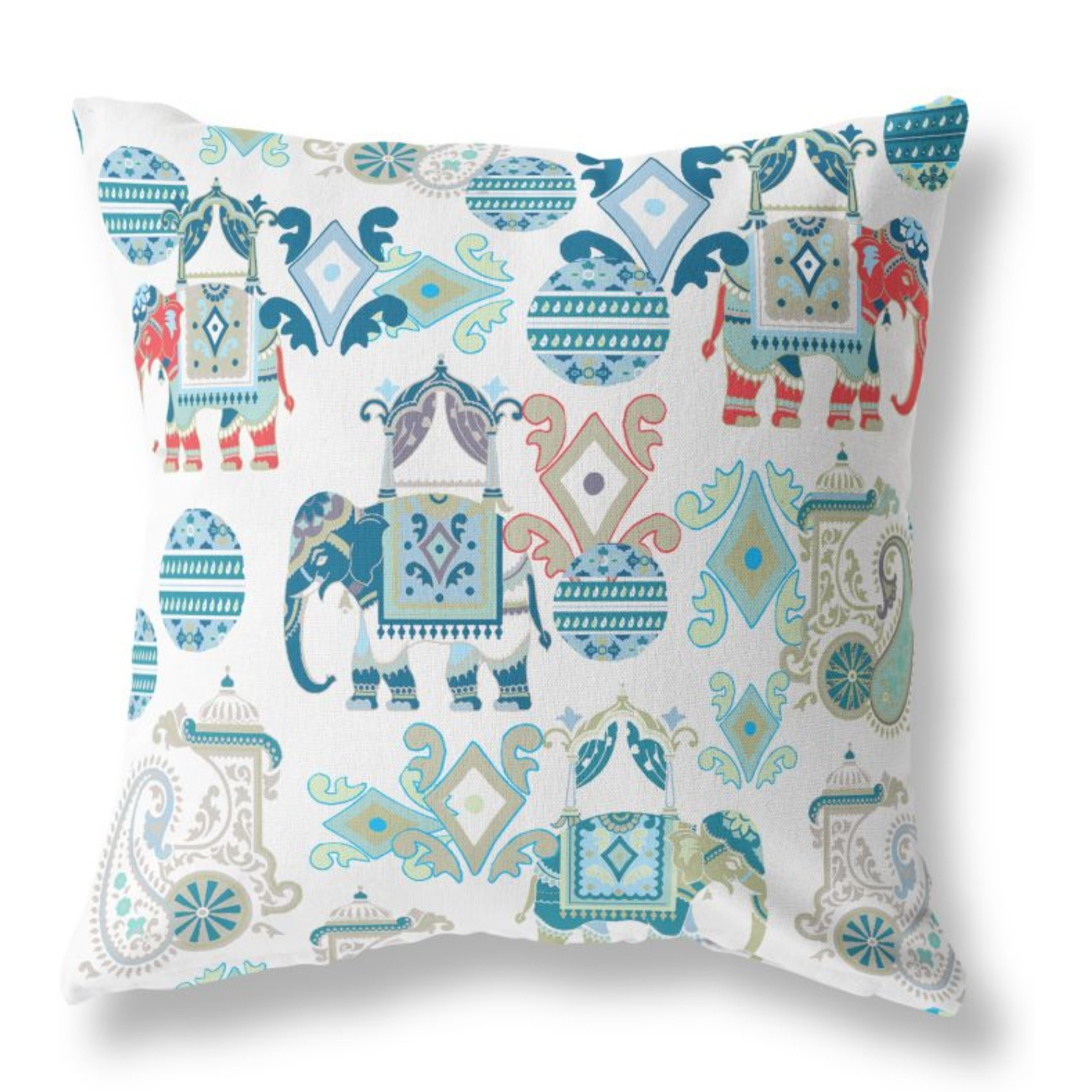 Elephant Howdah Broadcloth Indoor Outdoor Pillow, Zippered, BlueWhite