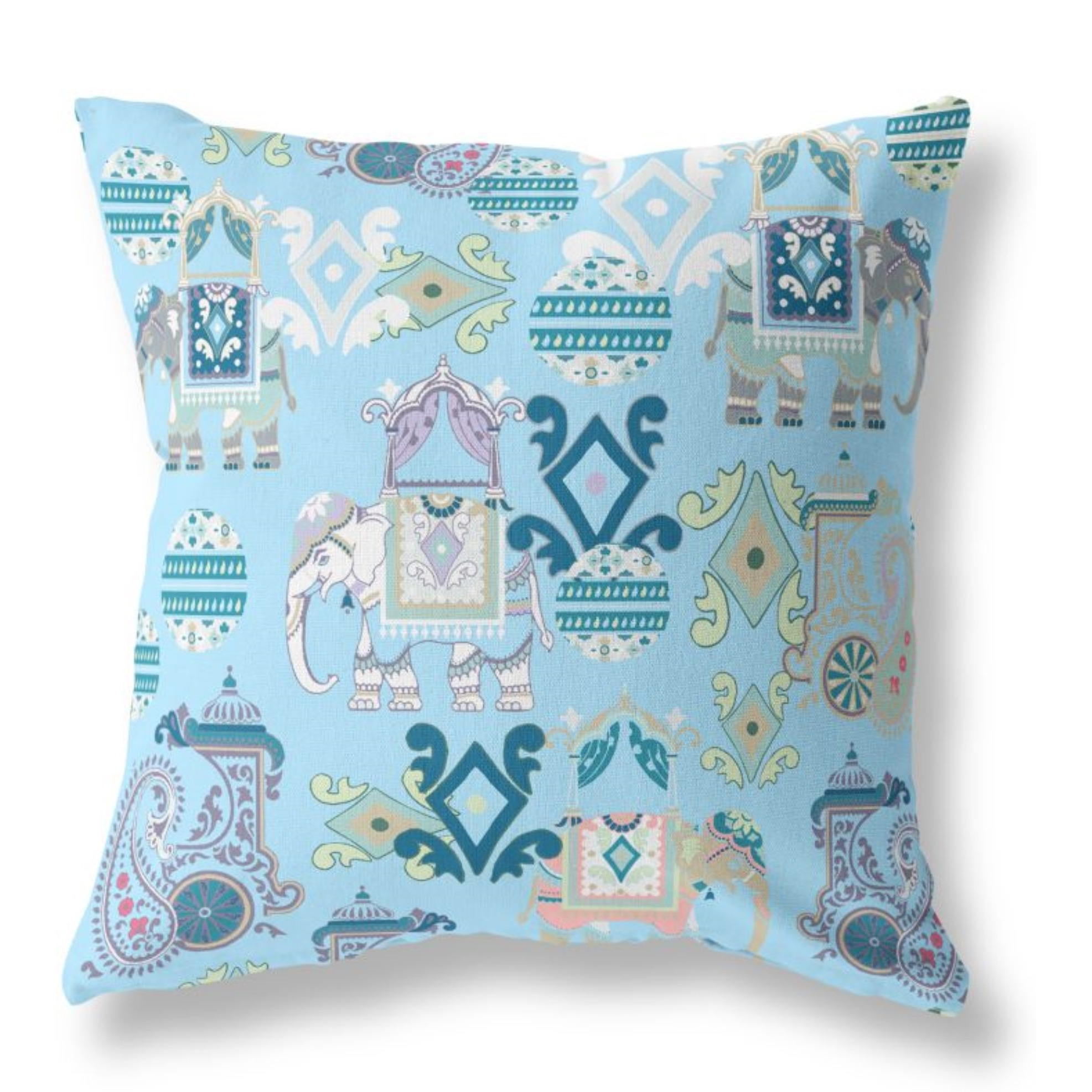 Elephant Howdah Broadcloth Indoor Outdoor Pillow, Zippered, SkyBlueWhite