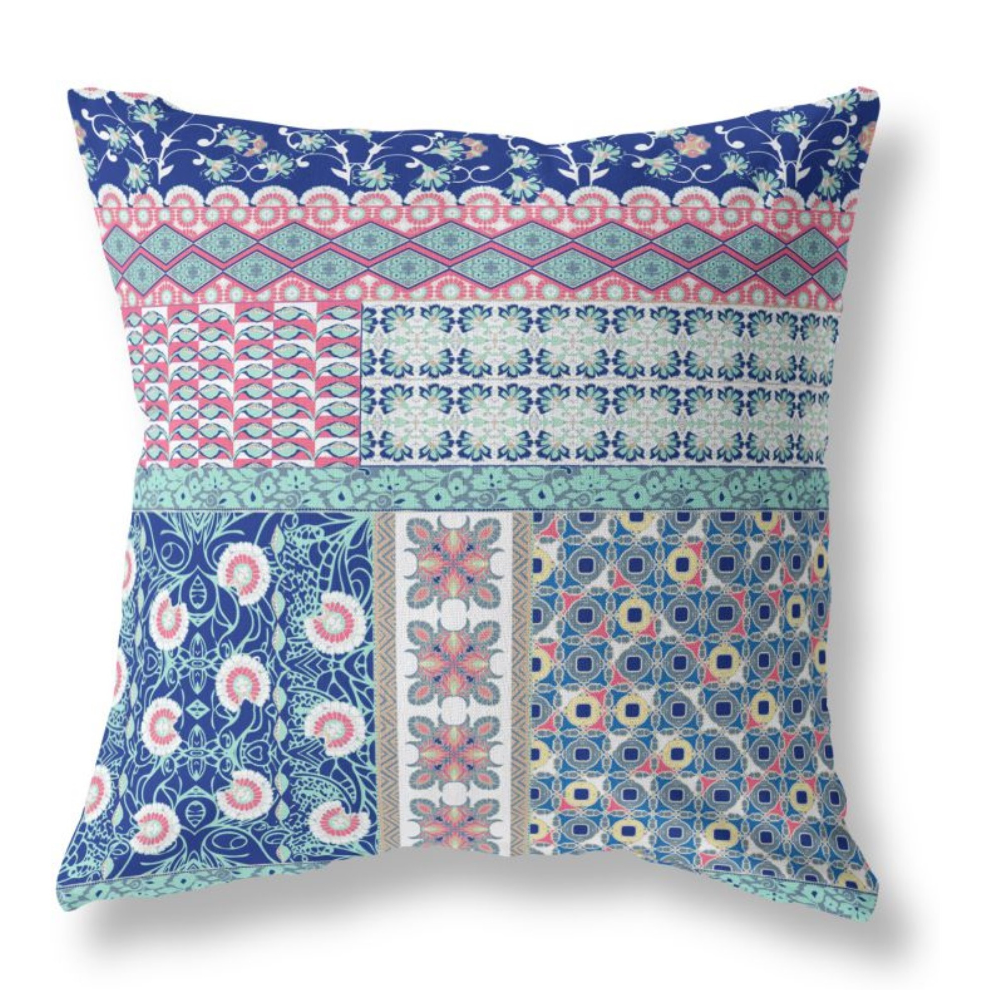Flower Castle Patchwork Broadcloth Indoor Outdoor Pillow, Zippered, BluePink