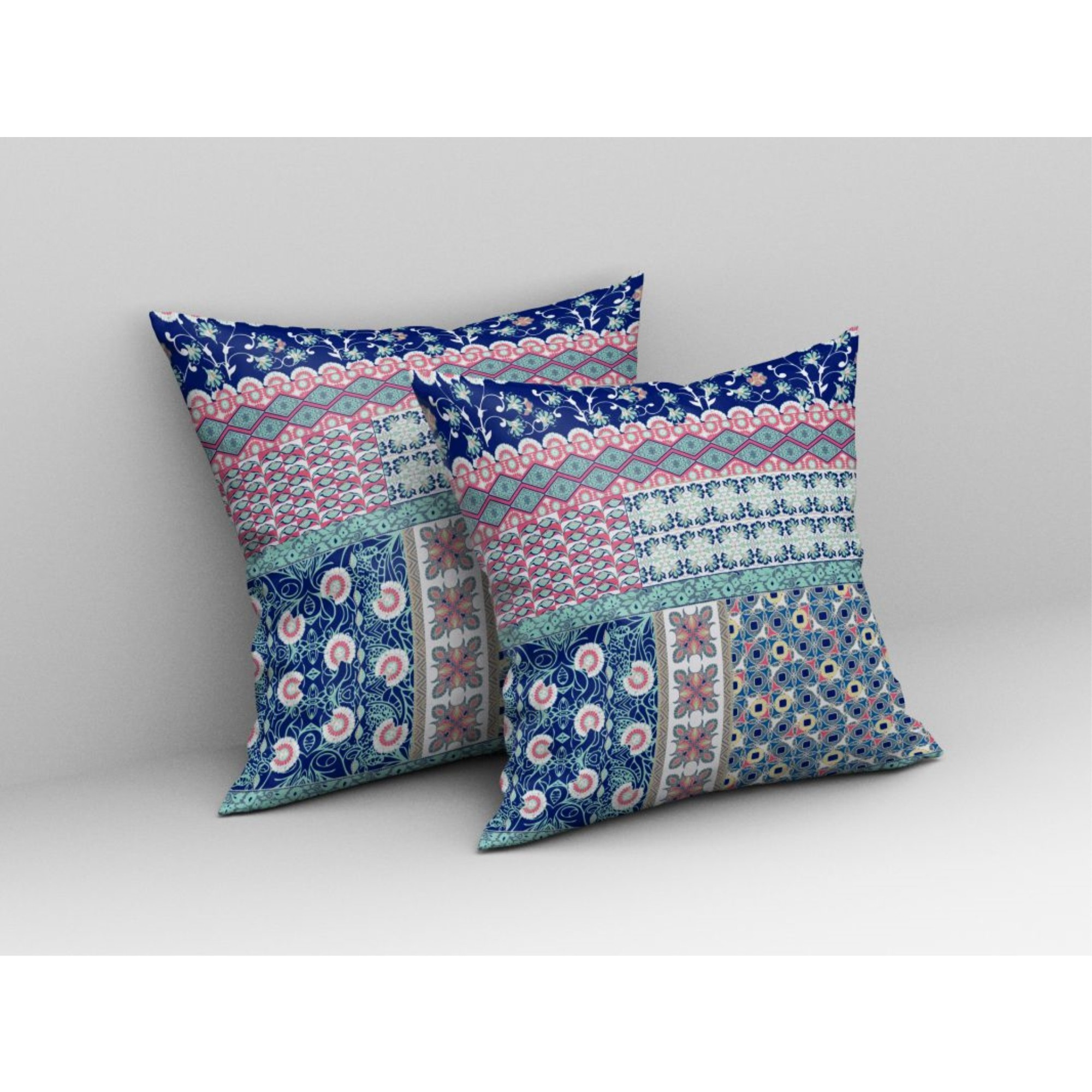 Flower Castle Patchwork Broadcloth Indoor Outdoor Pillow, Zippered, BluePink